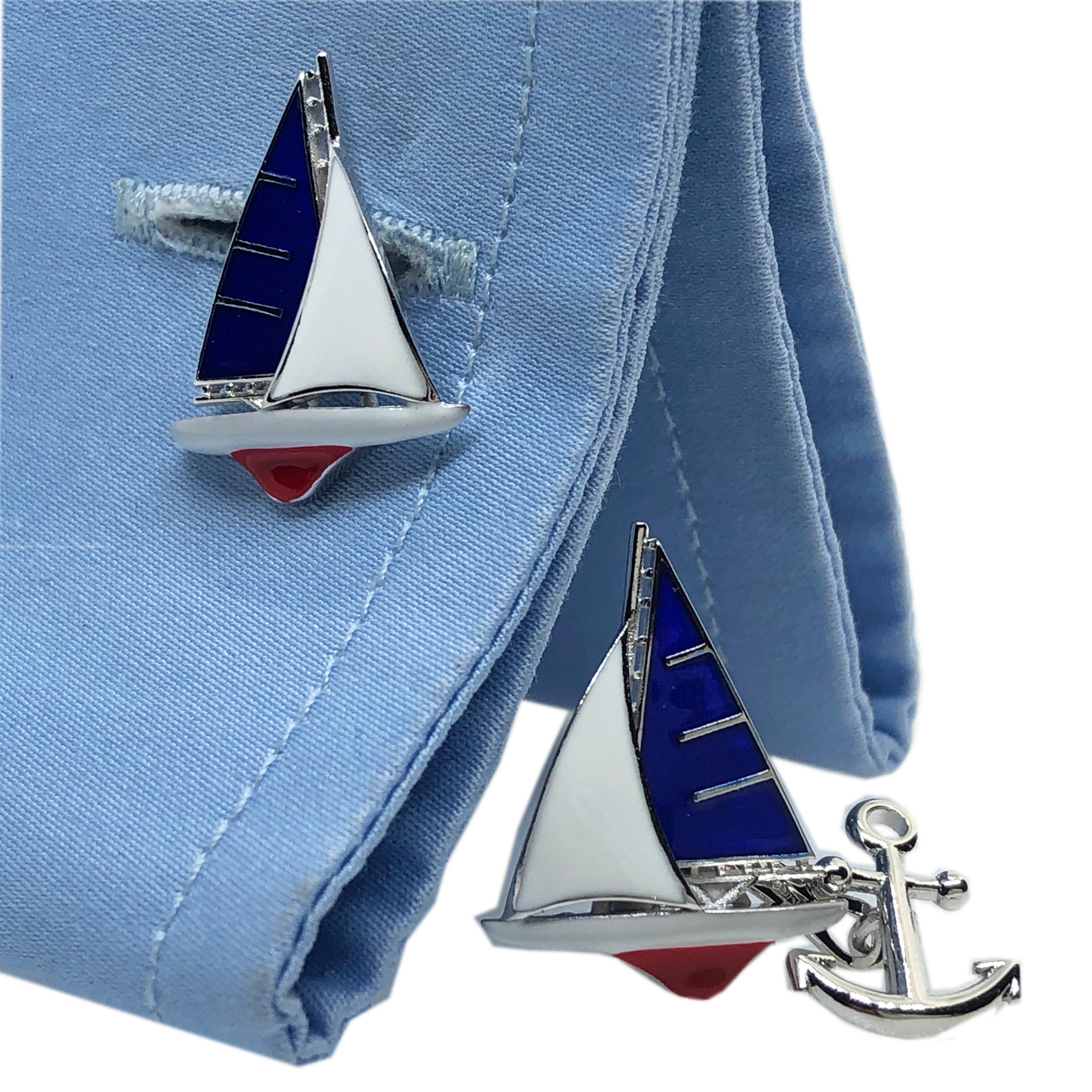 Berca Blue White Red Sailing Boat Little Anchor Back Sterling Silver Cufflinks 4