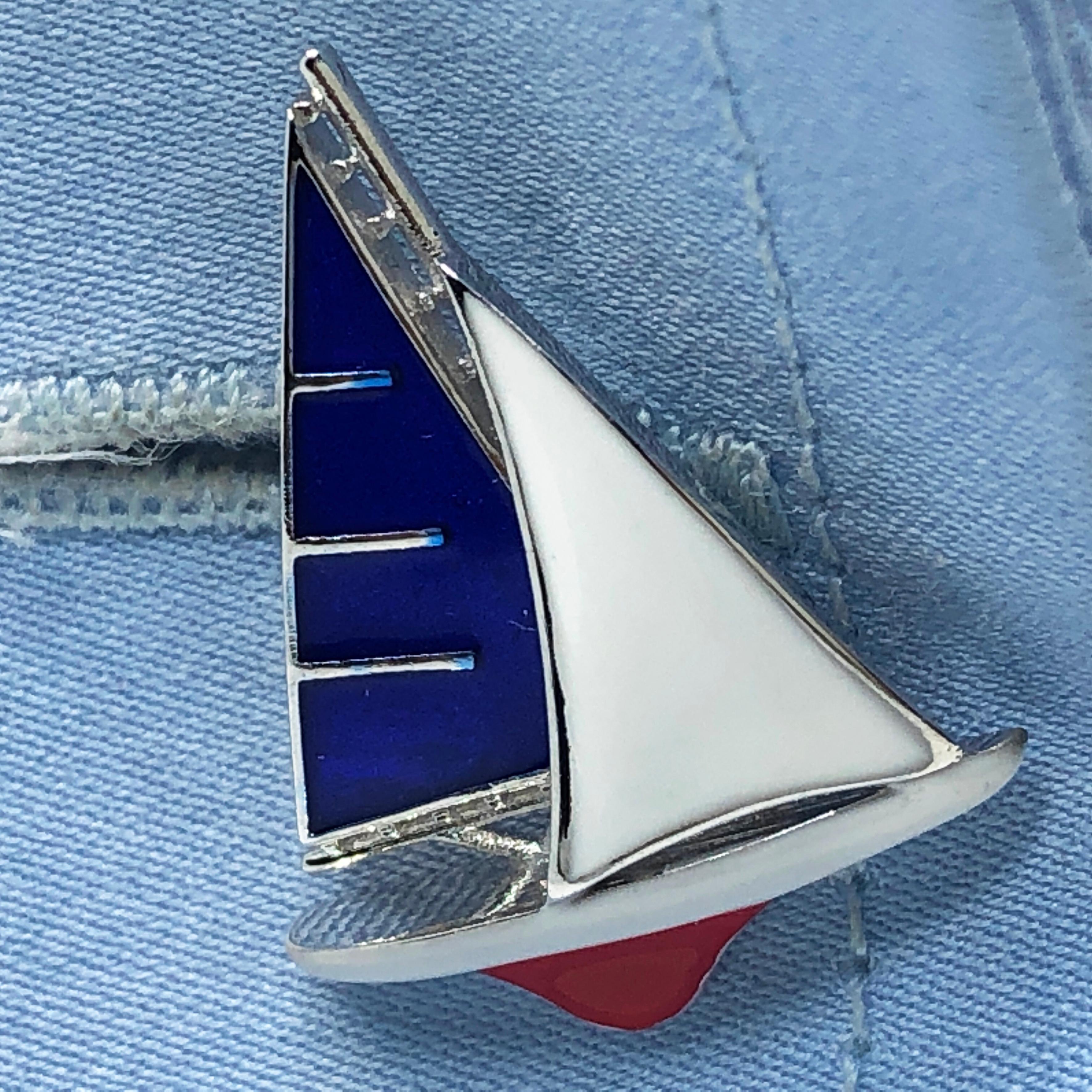 Berca Blue White Red Sailing Boat Little Anchor Back Sterling Silver Cufflinks 6