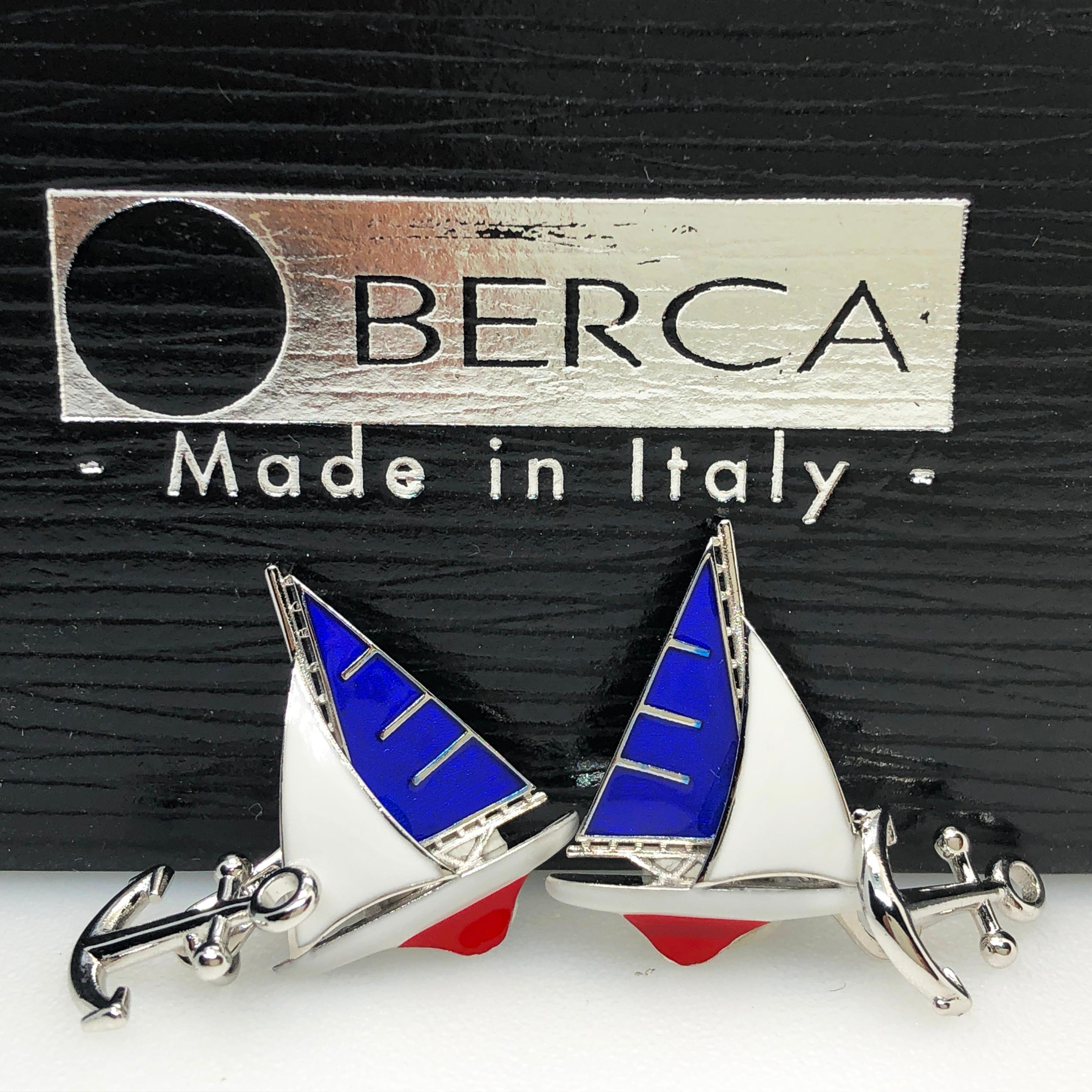 Contemporary Berca Blue White Red Sailing Boat Little Anchor Back Sterling Silver Cufflinks