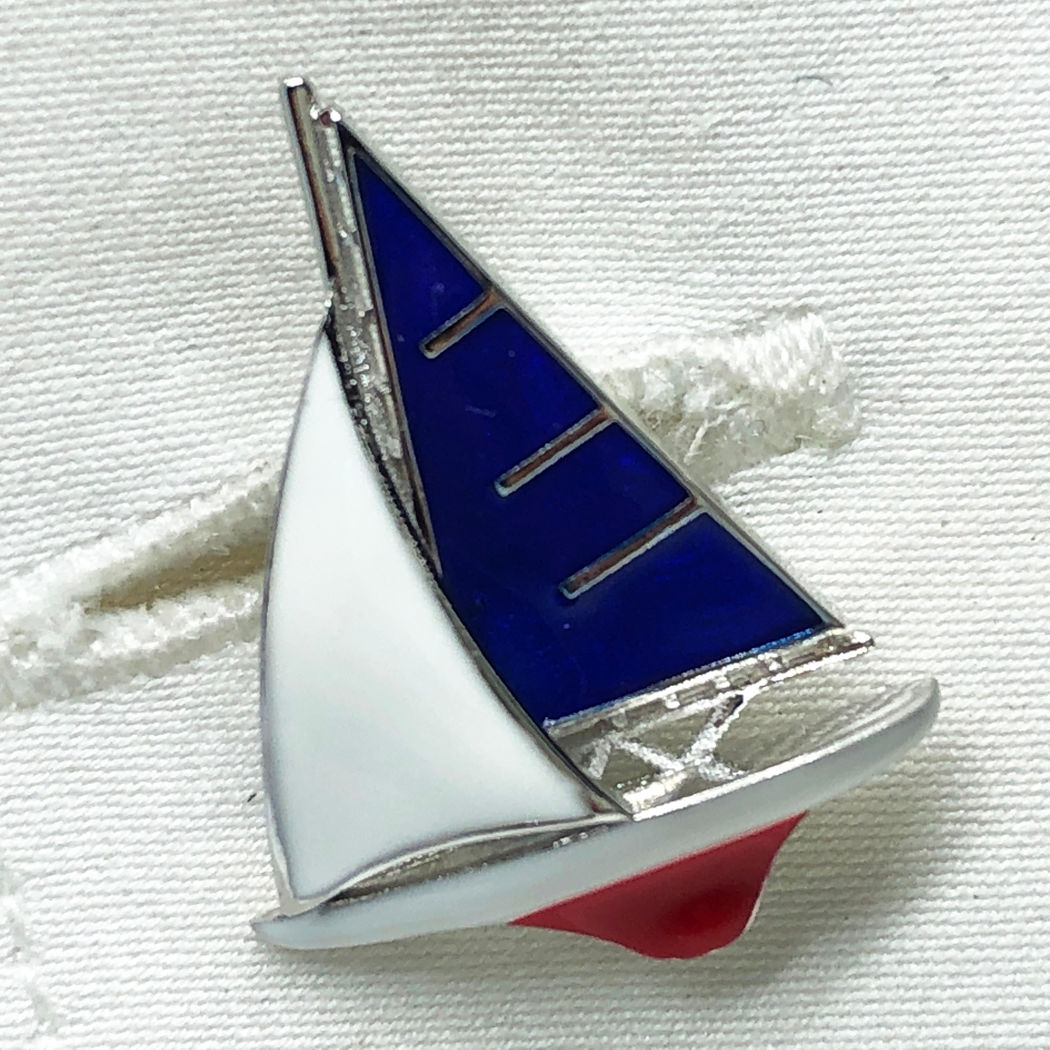 Berca Blue White Red Sailing Boat Little Anchor Back Sterling Silver Cufflinks In New Condition In Valenza, IT
