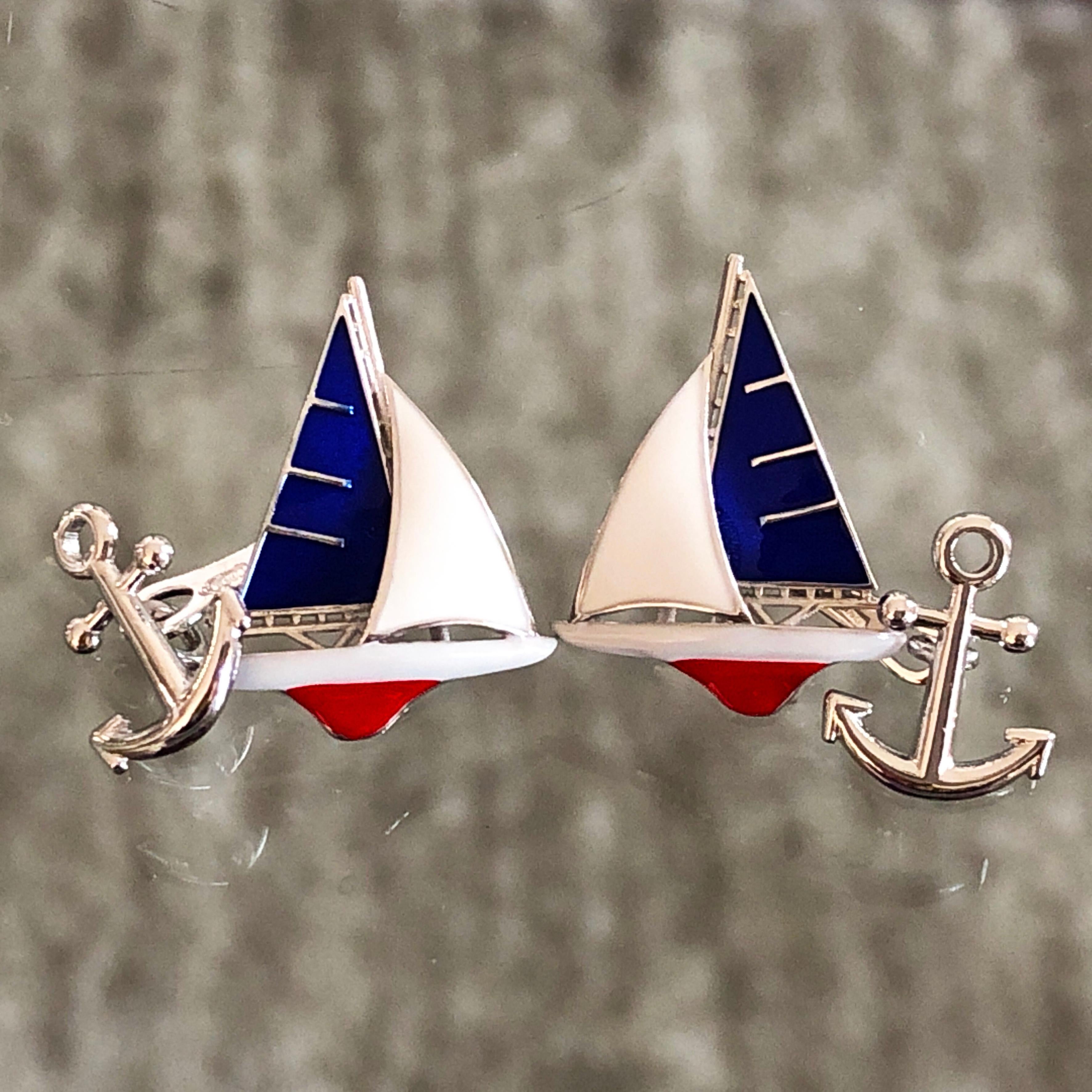 Men's Berca Blue White Red Sailing Boat Little Anchor Back Sterling Silver Cufflinks