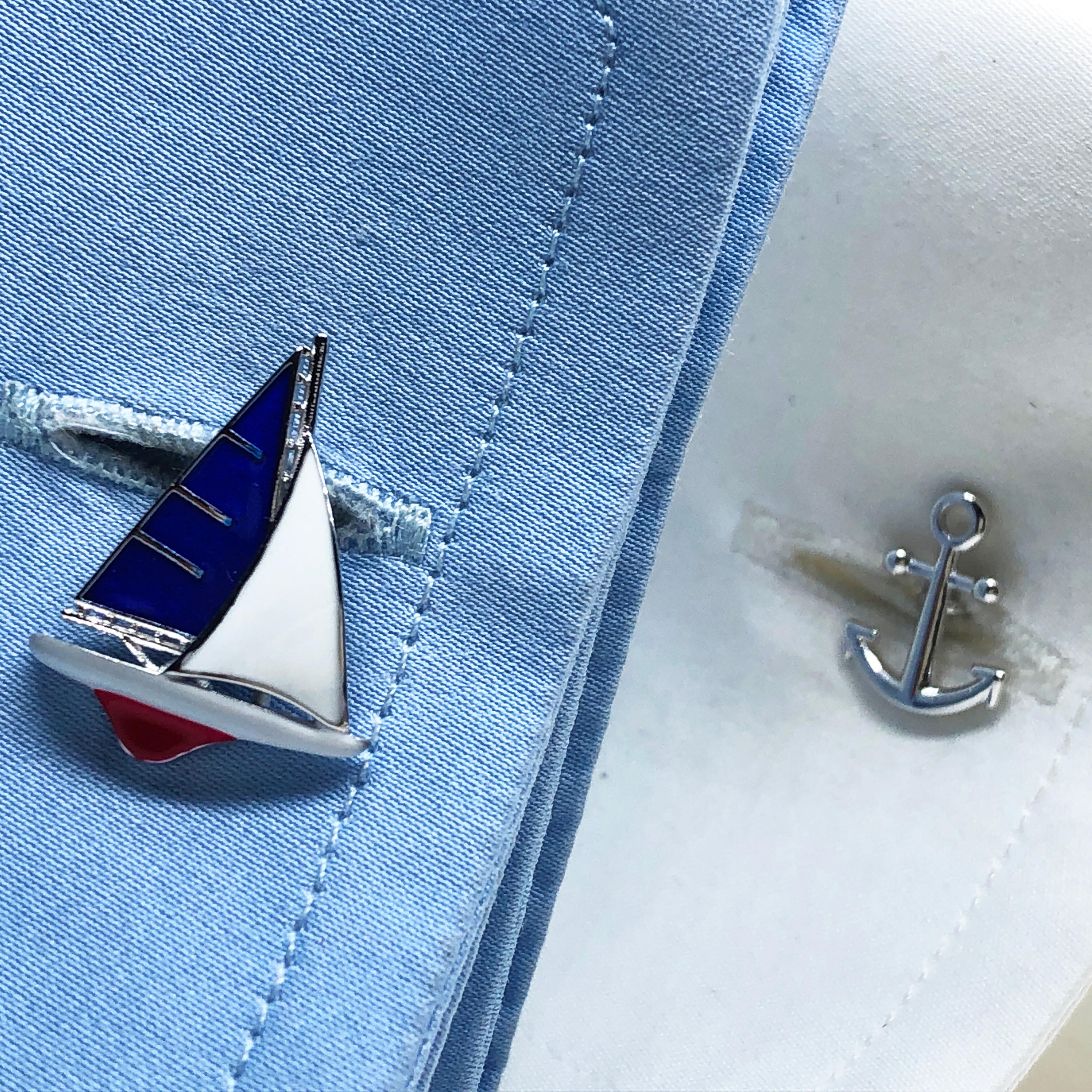 Berca Blue White Red Sailing Boat Little Anchor Back Sterling Silver Cufflinks 1