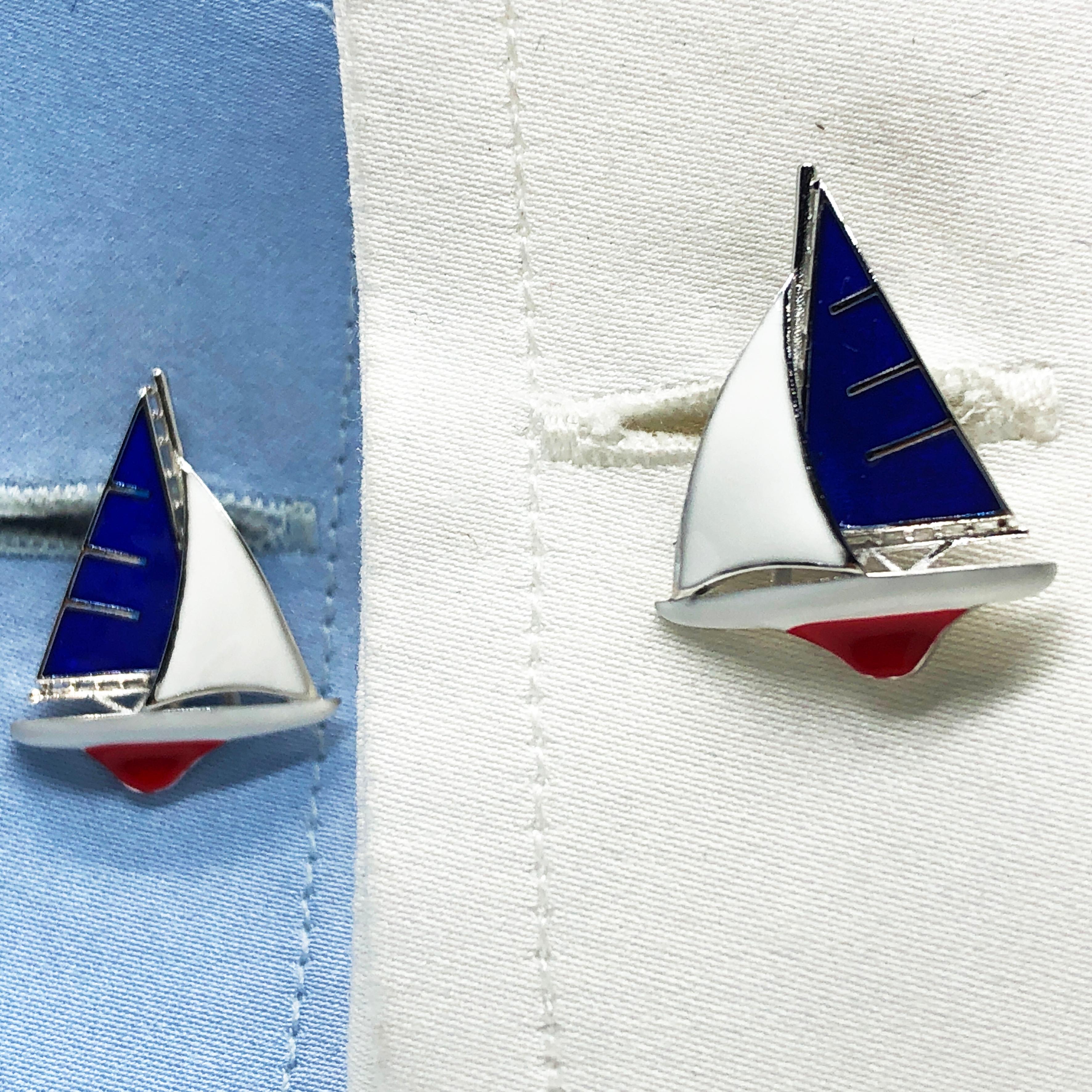 Berca Blue White Red Sailing Boat Little Anchor Back Sterling Silver Cufflinks 3