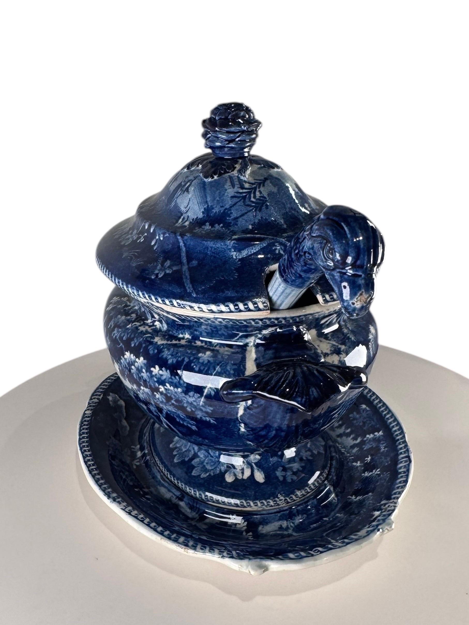 English Blue & White Ridgway Sauce Tureen Staffordshire   
(Italian Scenery) For Sale