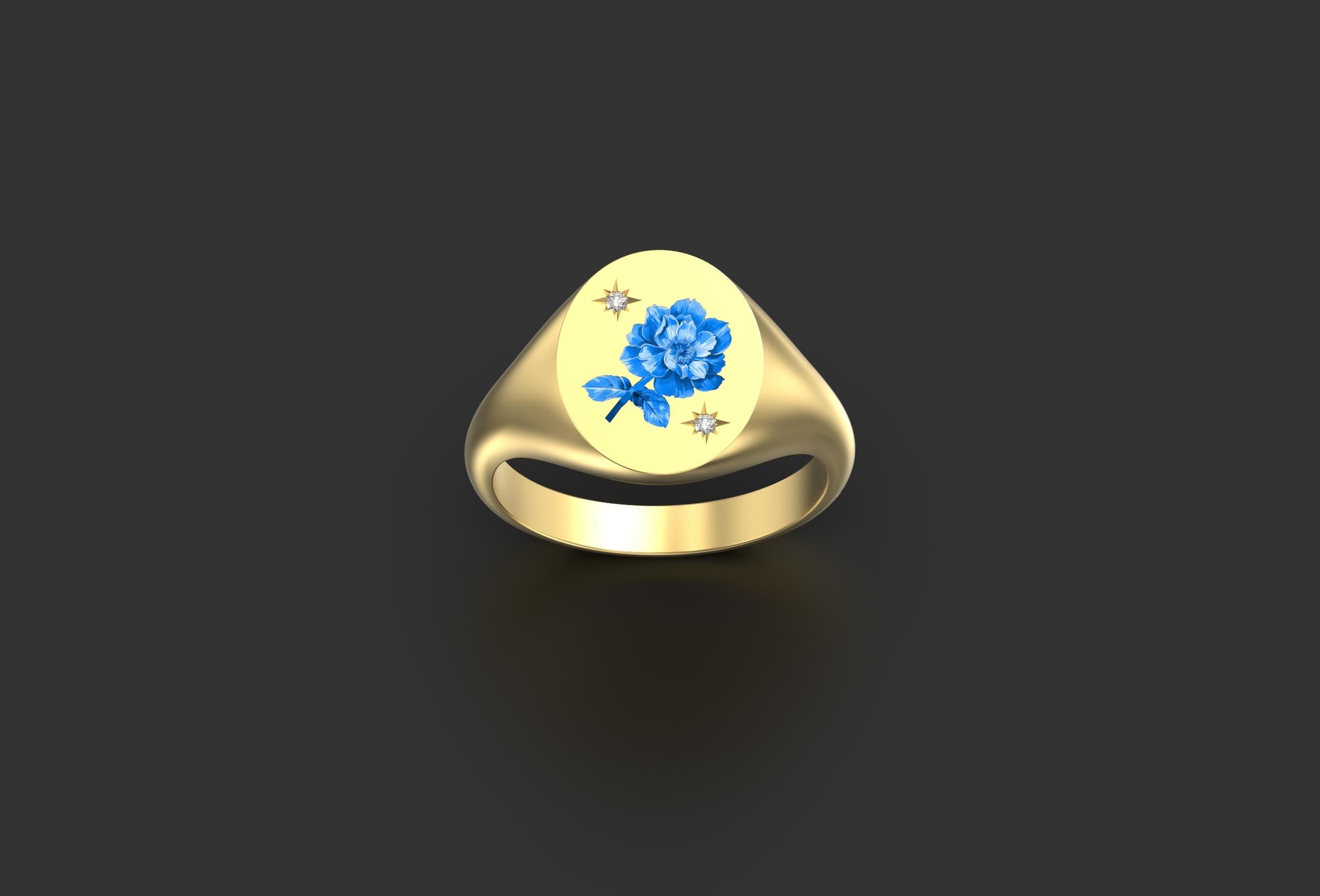 Brilliant Cut Blue & White Rose with Diamonds Oval Signet Ring, 18k yellow gold For Sale