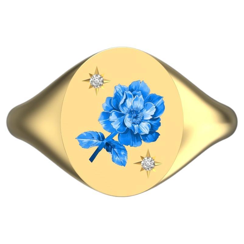 Signet ovale avec roses bleues et blanches et diamants, or jaune 18 carats en vente