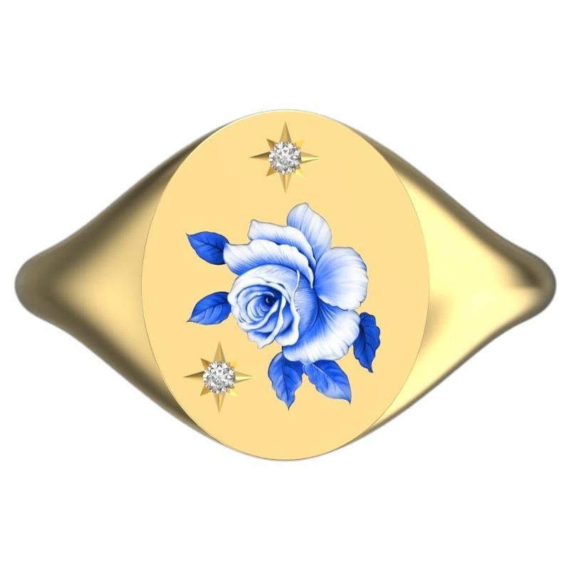 Blue & White Rose with Diamonds Oval Signet Ring, 18k yellow gold For Sale