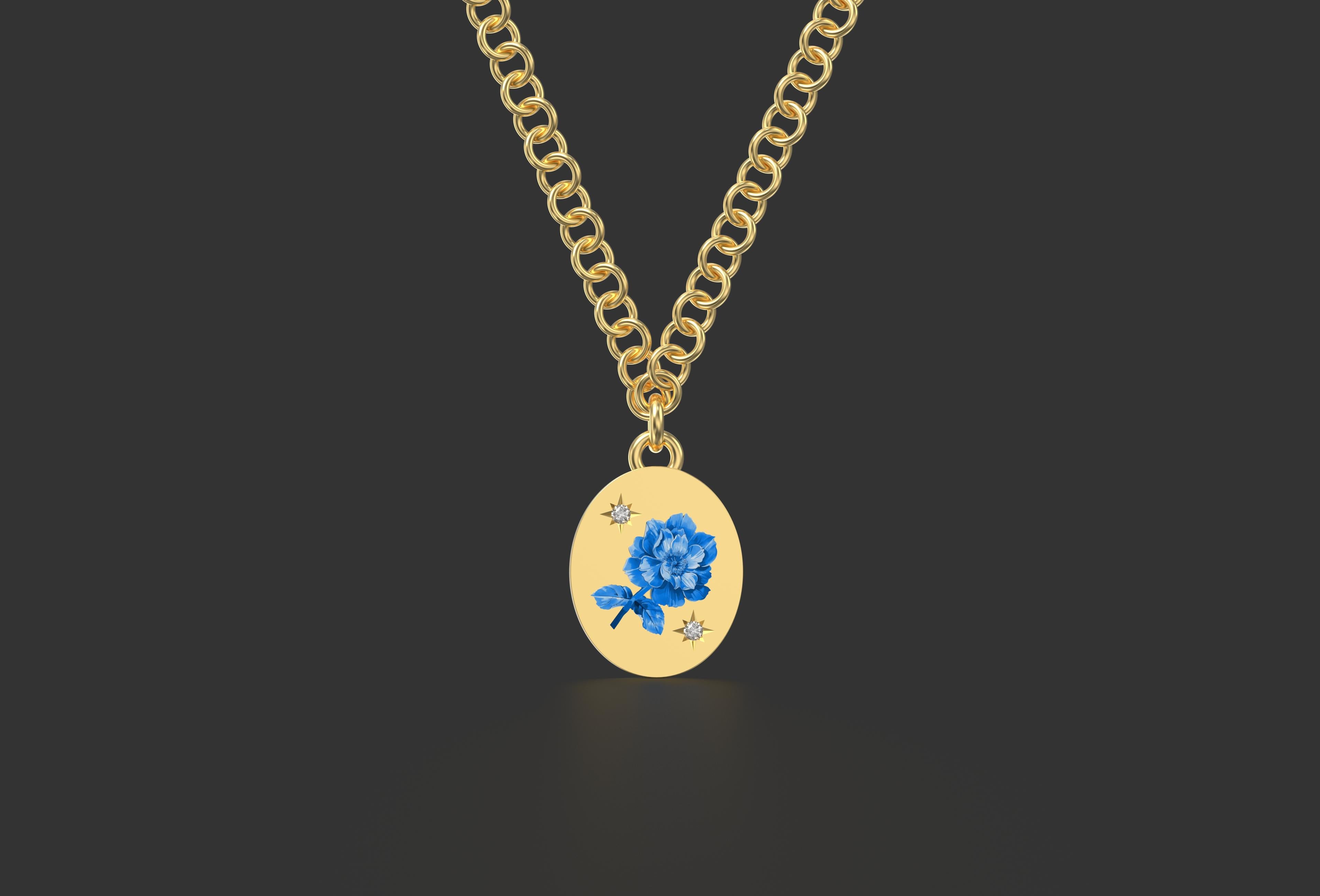 Blaue und weiße Rose mit Diamanten Anhänger Halskette, 18k Gelbgold (Brillantschliff) im Angebot