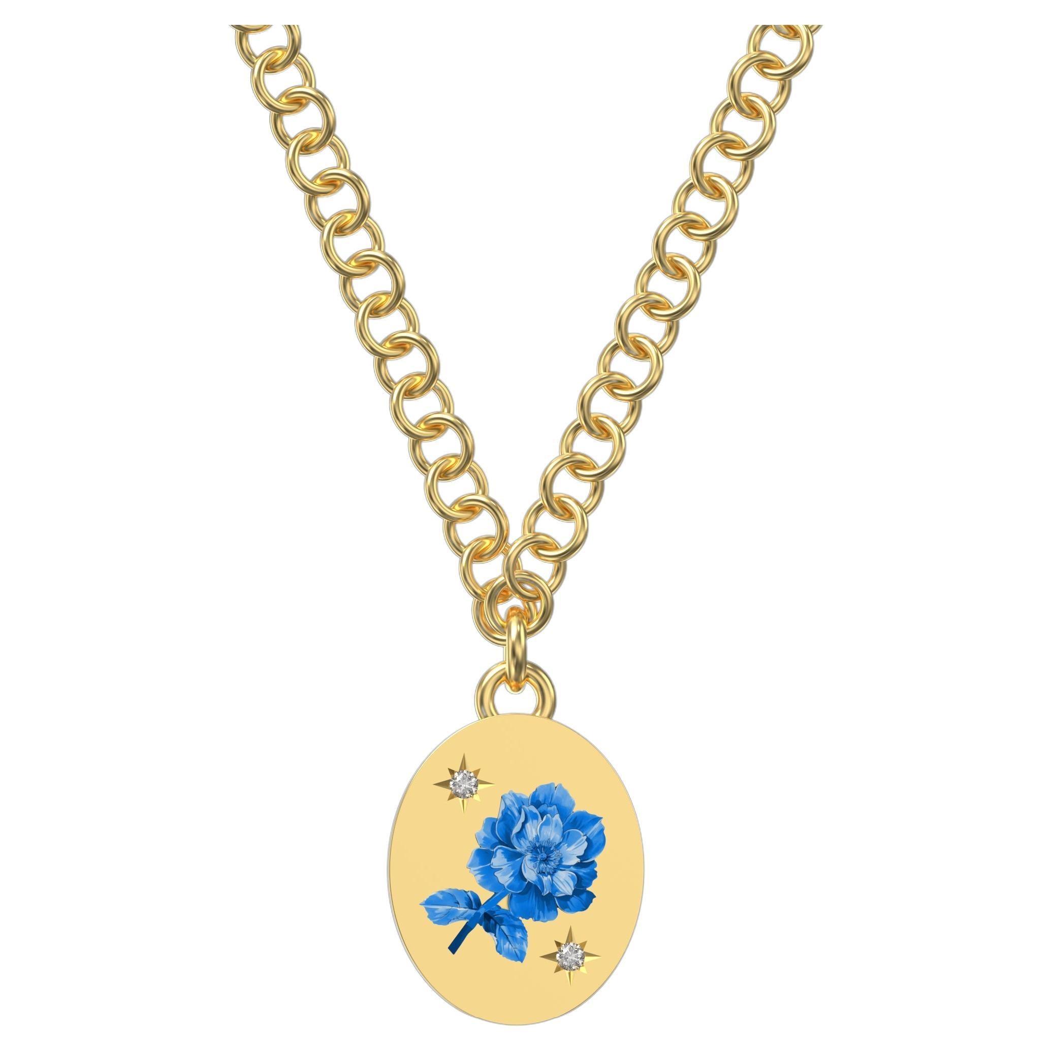 Collier pendentif rose bleue et blanche avec diamants, or jaune 18 carats en vente