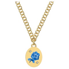 Blaue und weiße Rose mit Diamanten Anhänger Halskette, 18k Gelbgold
