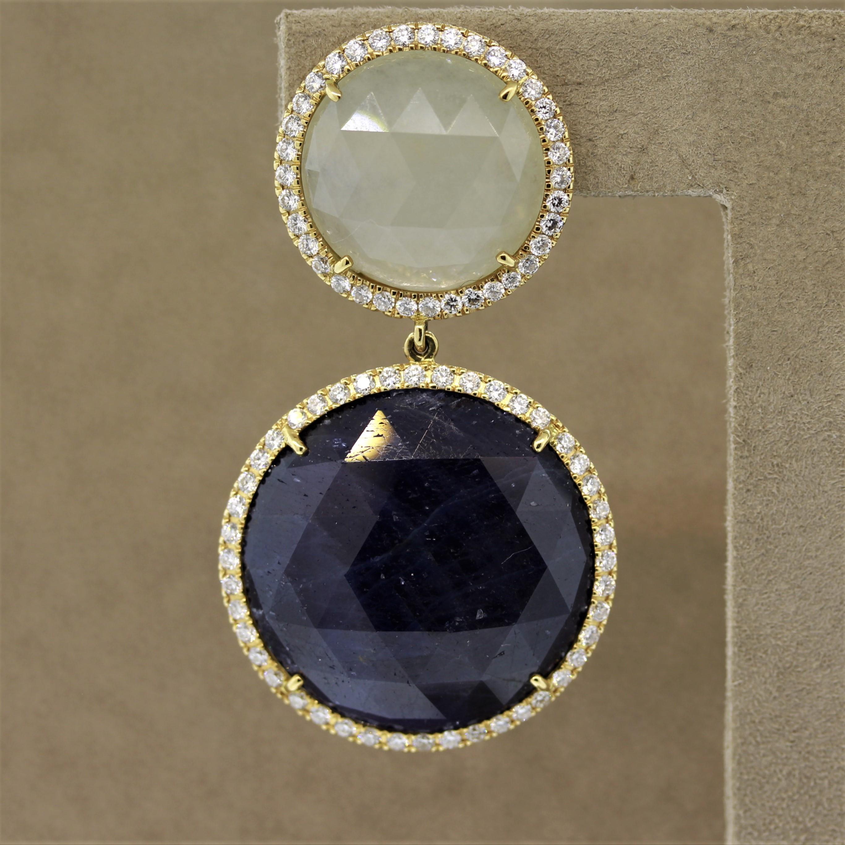 Round Cut Blue and White Sapphire Diamond Gold Drop Earrings For Sale
