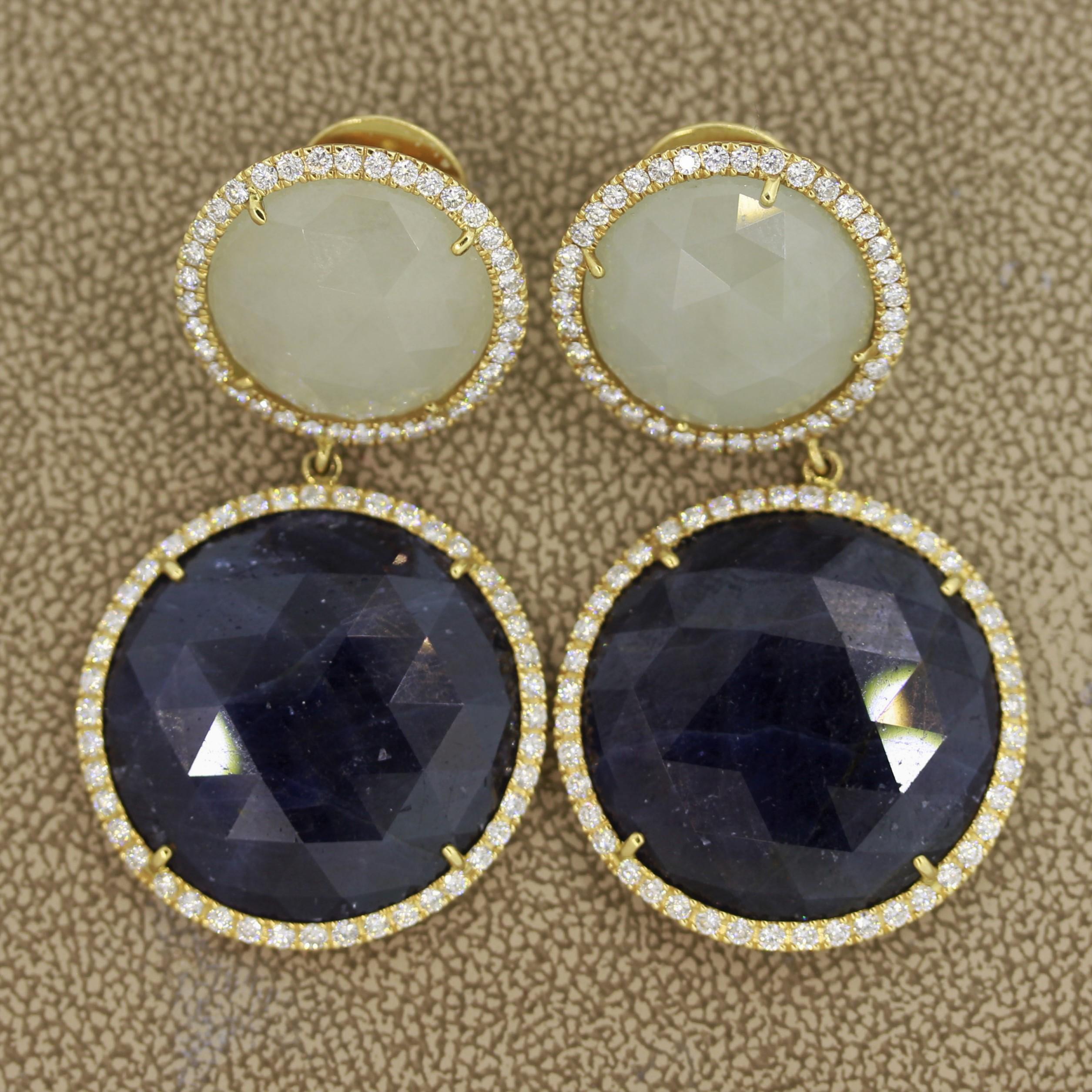 Blue and White Sapphire Diamond Gold Drop Earrings In New Condition For Sale In Beverly Hills, CA