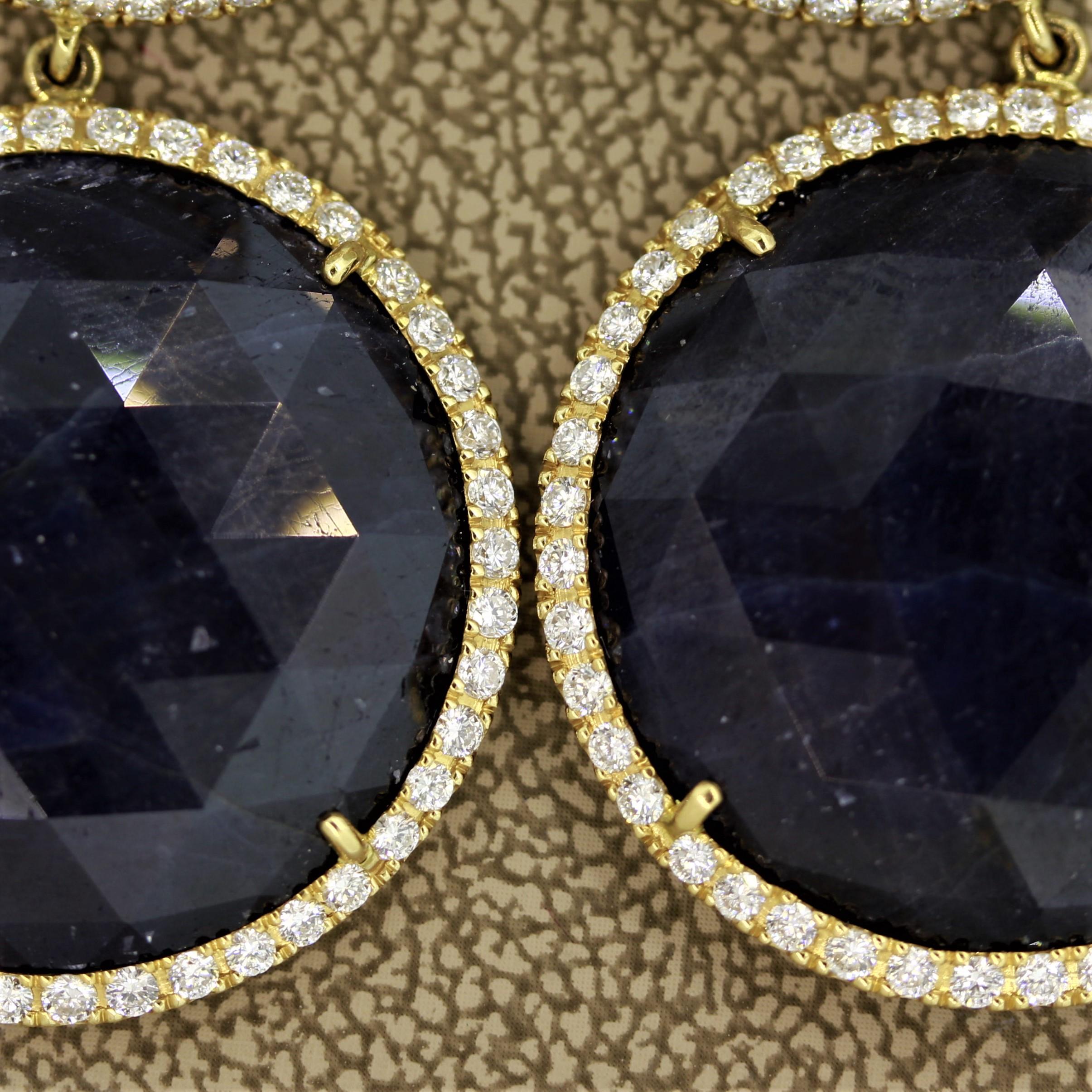Women's Blue and White Sapphire Diamond Gold Drop Earrings For Sale