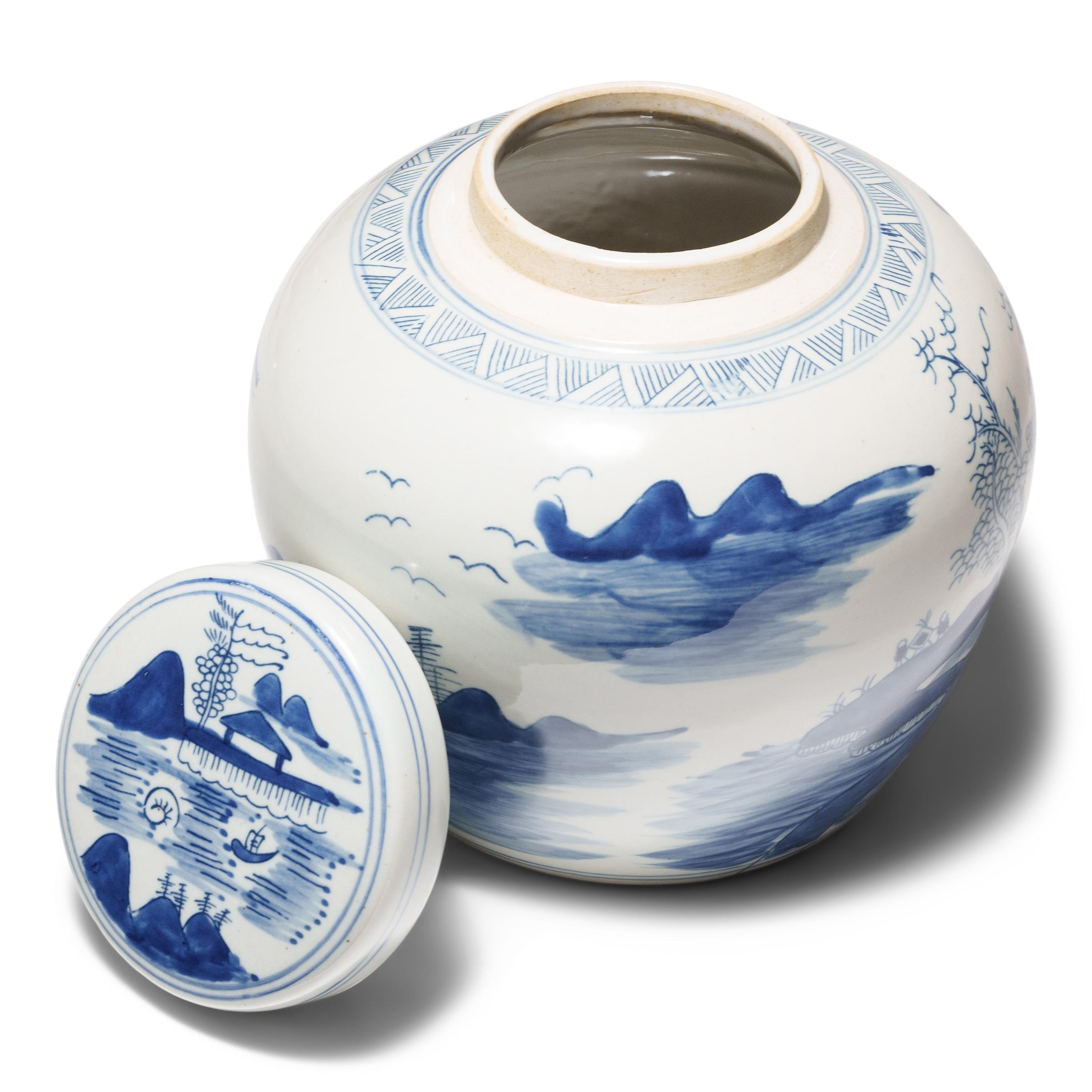 Exportation chinoise Pot de gingembre Shan Shui bleu et blanc en vente