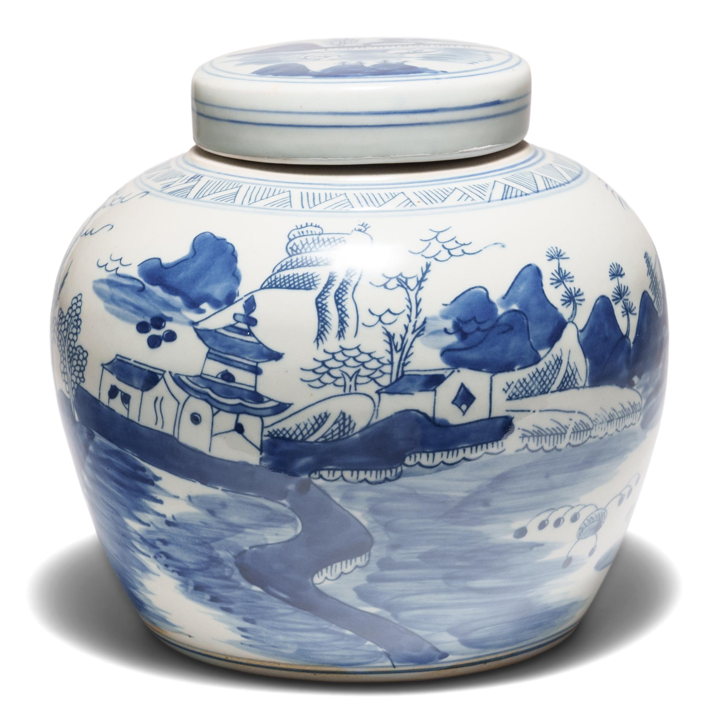 Chinois Pot de gingembre Shan Shui bleu et blanc en vente