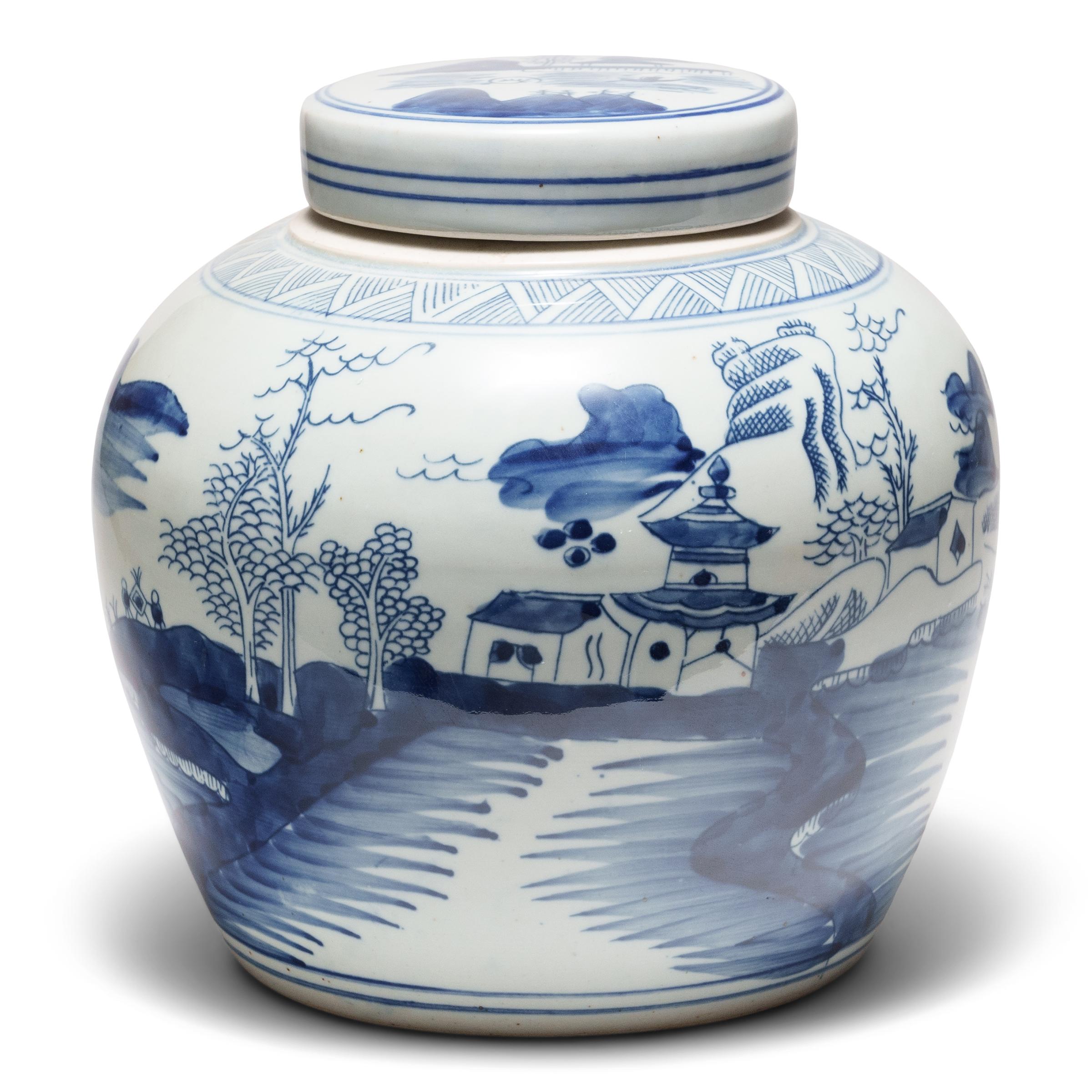 Blau-weißes Shan Shui-Ingwer-Glas (Chinesisch) im Angebot