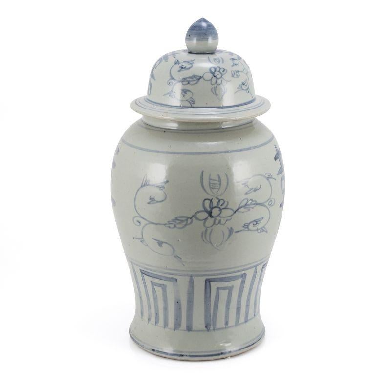 Blue & white silla temple jar seagrass double happiness motif

The special antique process makes it looks like a piece of art from a museum. 
High fire porcelain, 100% hand shaped, hand painted. Distress, chips and other imperfections create