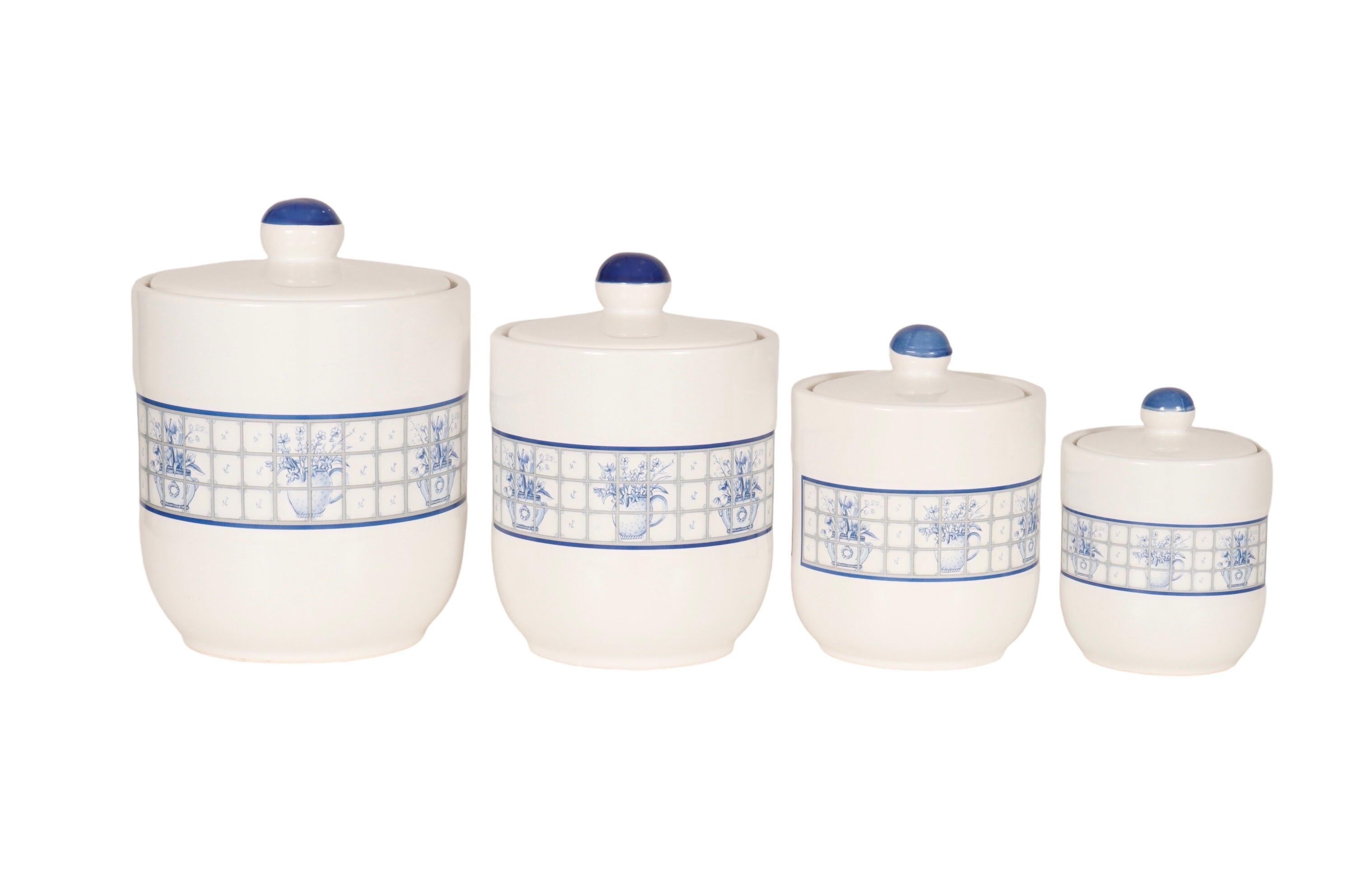 Blue & White Stoneware Canisters - Set of 3 For Sale