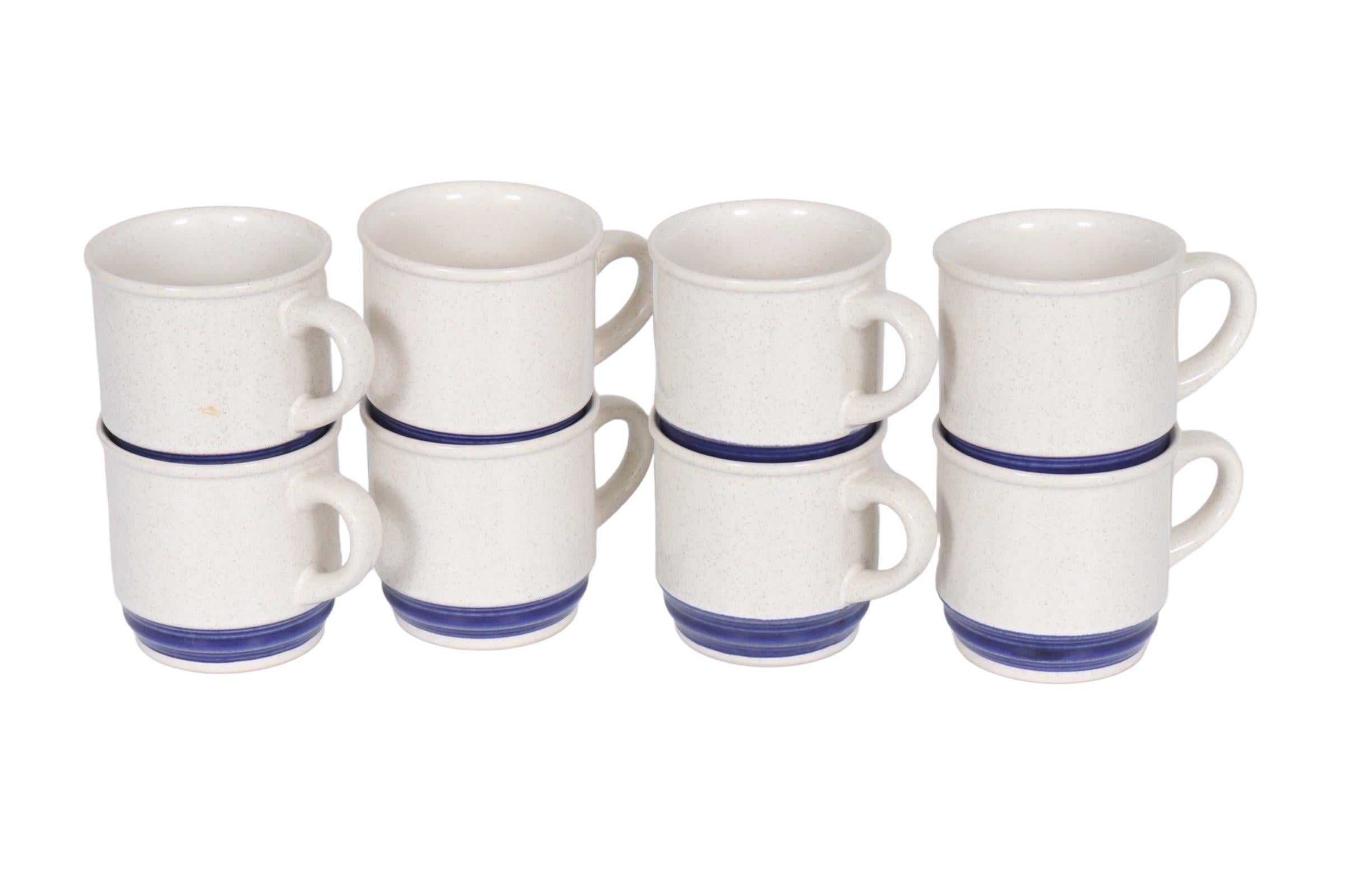 Japanese Blue & White Stoneware Mugs, Set of 8