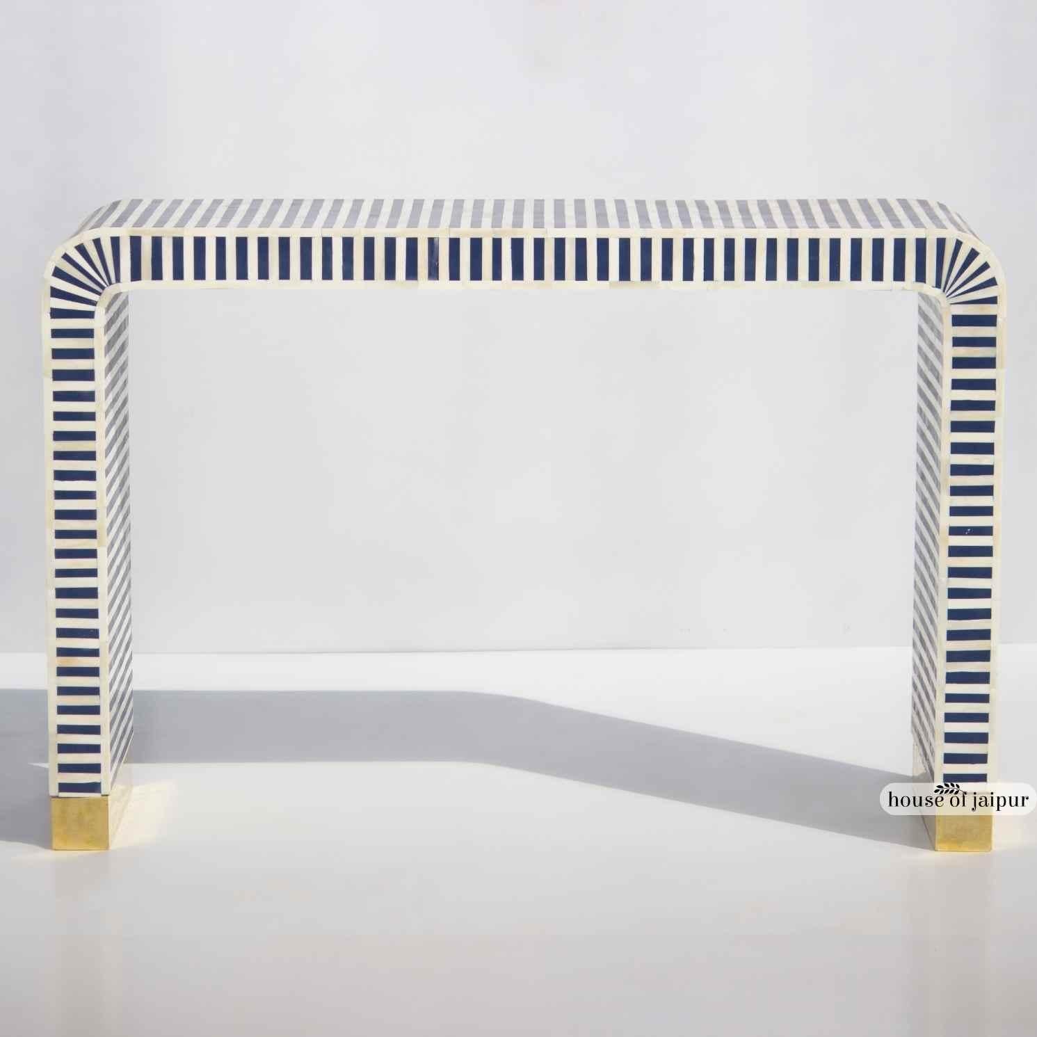 Blue & White Stripe Bone Inlay Console Table by House of Jaipur In New Condition For Sale In New York, NY