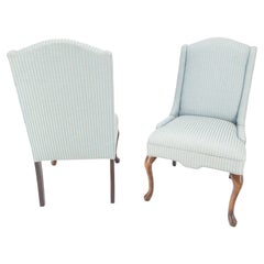 Vintage Blue & White Stripe Queen Ann Style Slipper Fire Side Chairs Low Profile MINT!