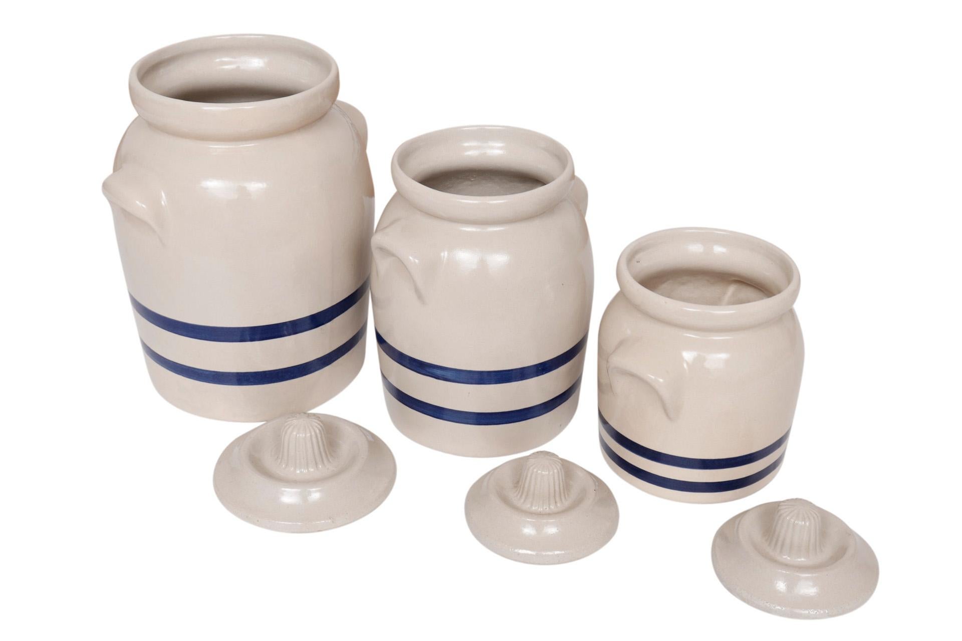 Blue and White Stripe Stoneware Canisters by Robinson Ransbottom, Set