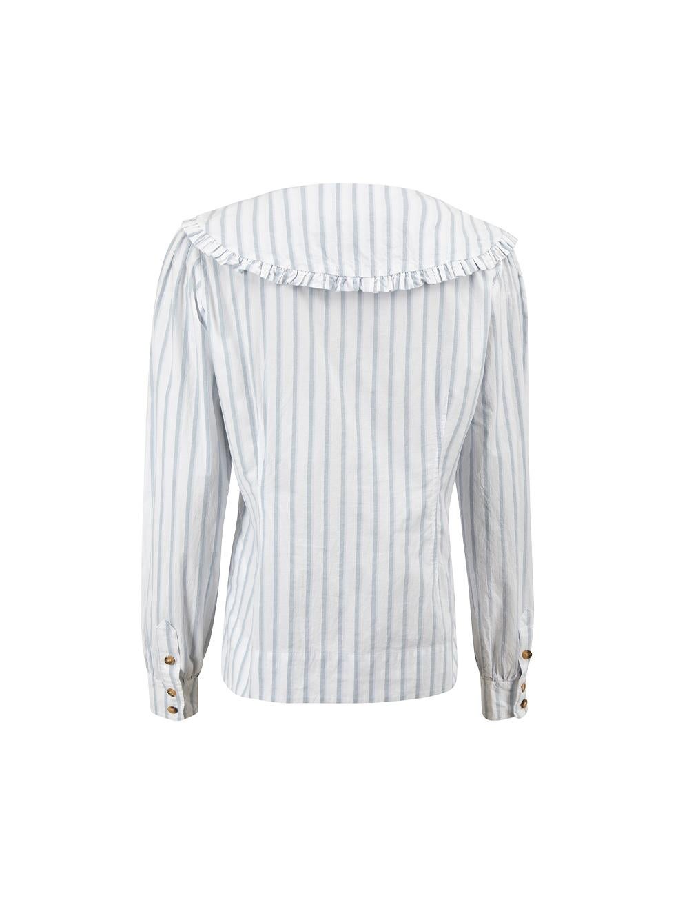 Ganni Blue & White Striped Oversized Collar Blouse Size L In Good Condition In London, GB