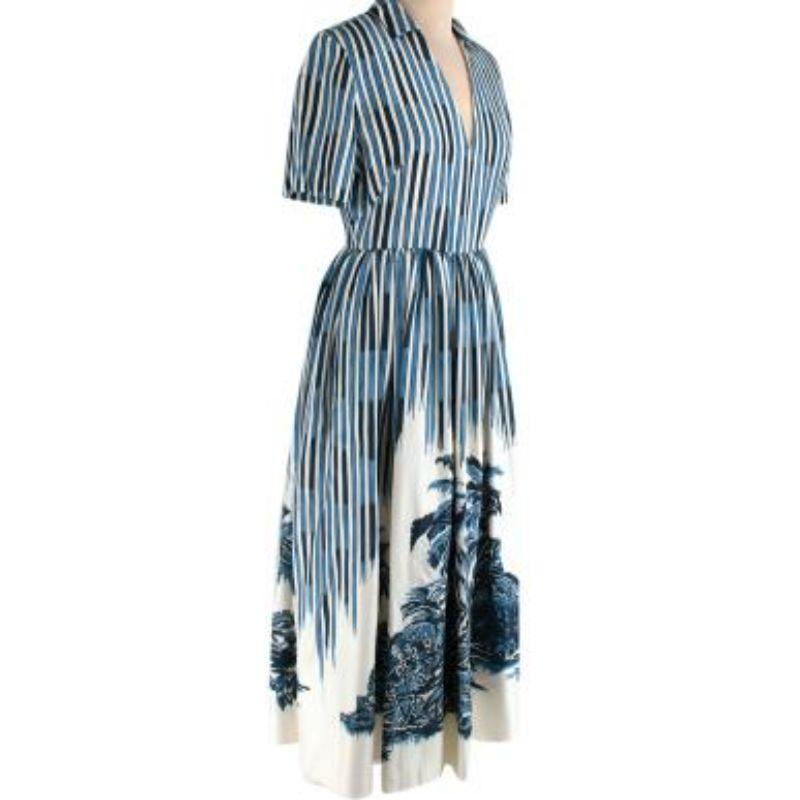 Christian Dior blue & white striped palm print silk dress
 
 - Shirtwaister style dress, with collared deep V neckline, cinched waist and full, long skirt
 - Watercolour stripe effect in tones of blue, with a palm printed hemline 
 - Short sleeves 
