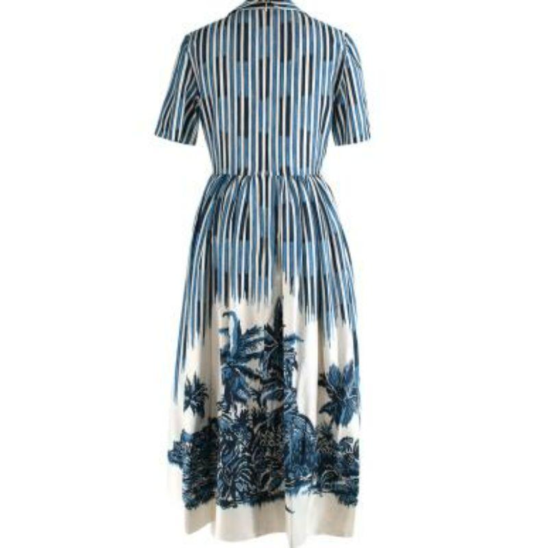 Gray Blue & white striped palm print silk dress