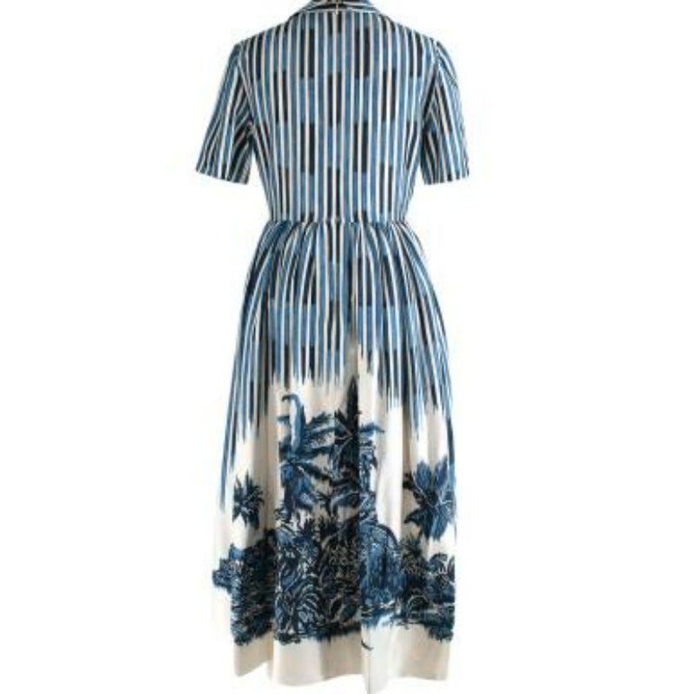 Blue and white striped palm print silk dress at 1stDibs