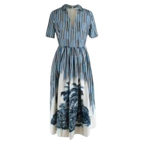 Blue & white striped palm print silk dress