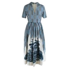 Blue & white striped palm print silk dress
