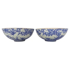 Blue/ White Transfer Design Pair Imari Ceramic Japanese Bowls 1950s