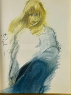 „Blauer Wind“ Lithographie eines jungen Mädchens