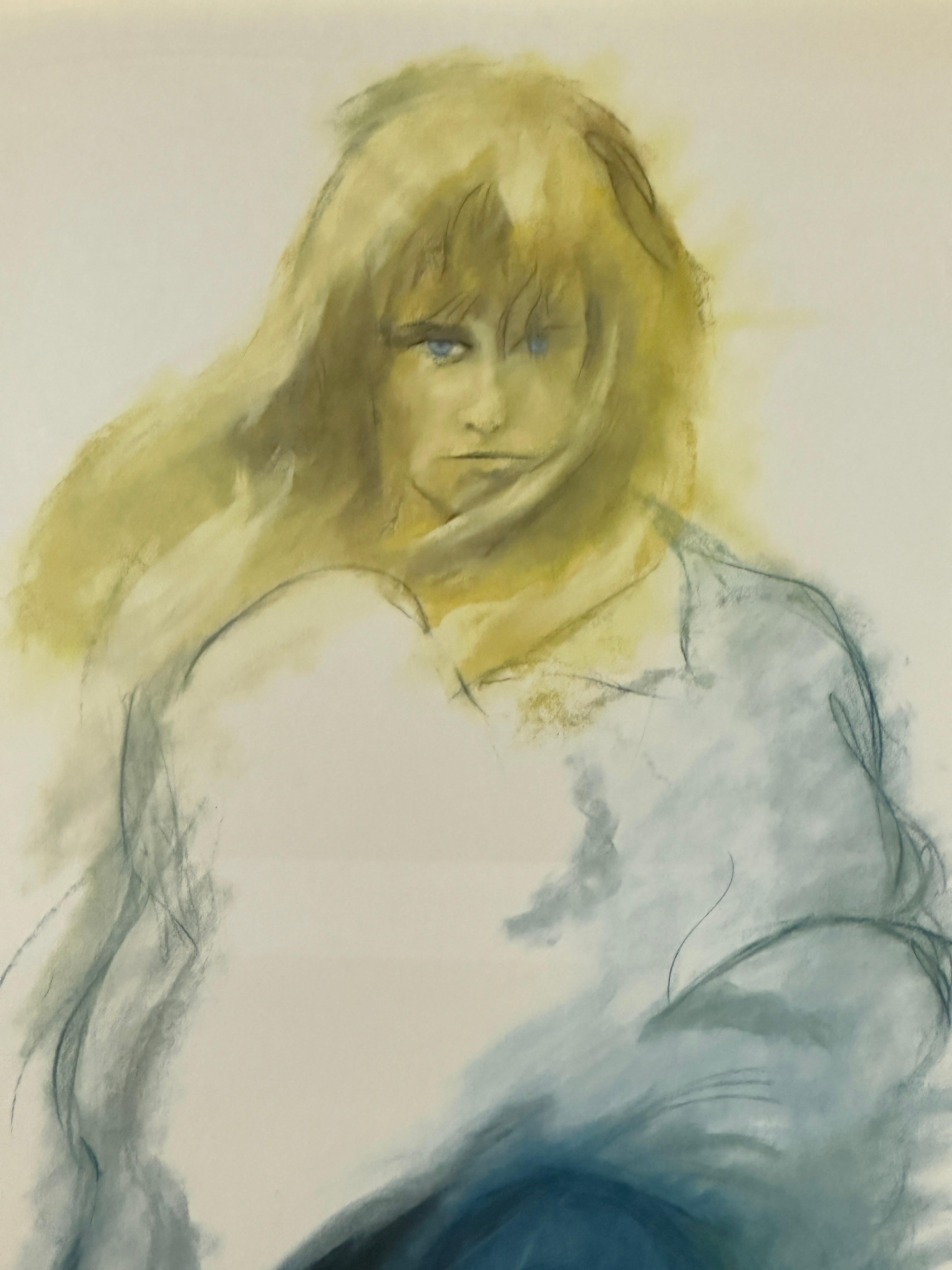 20ième siècle  Lithographie d'une jeune fille au vent bleu en vente