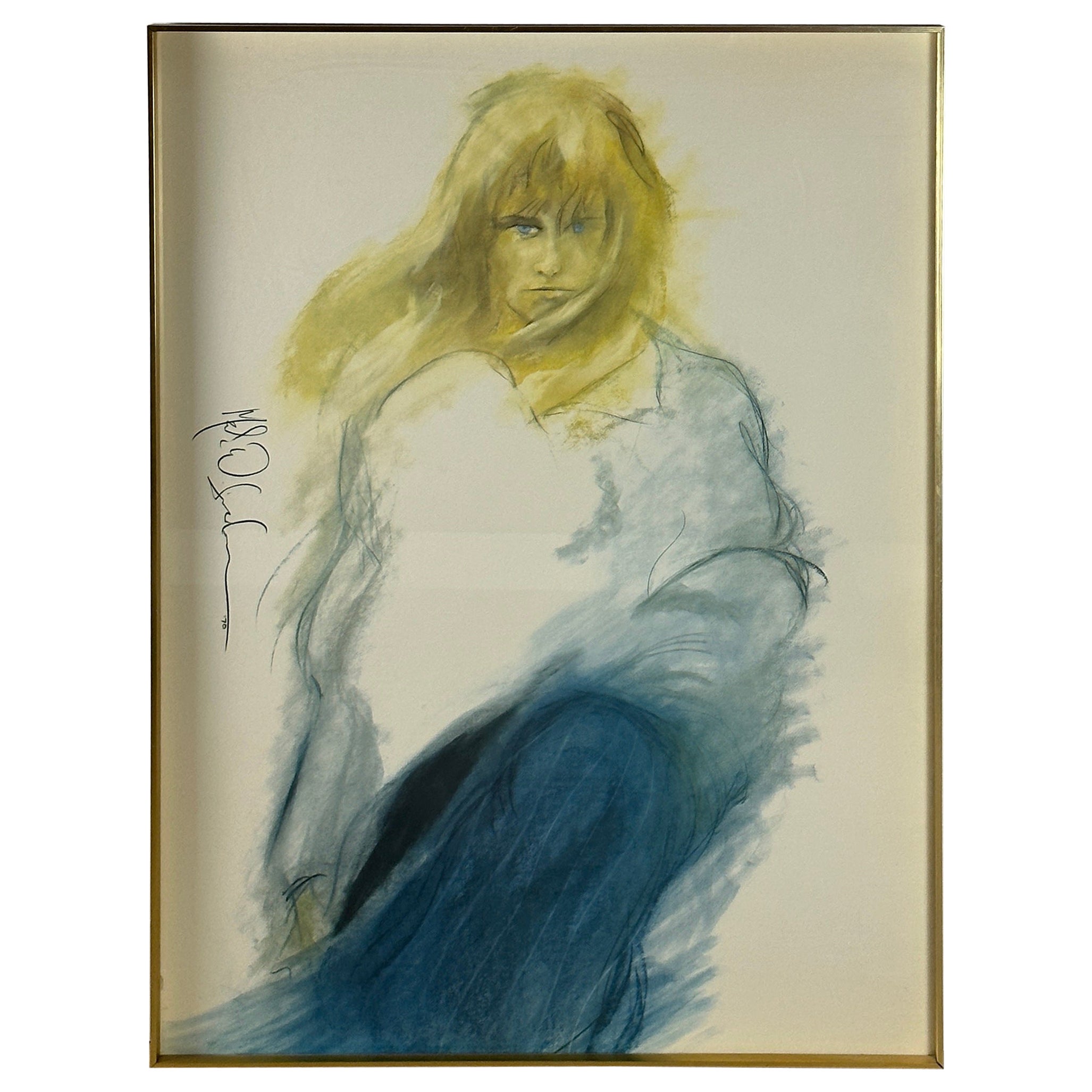 Lithographie d'une jeune fille au vent bleu en vente