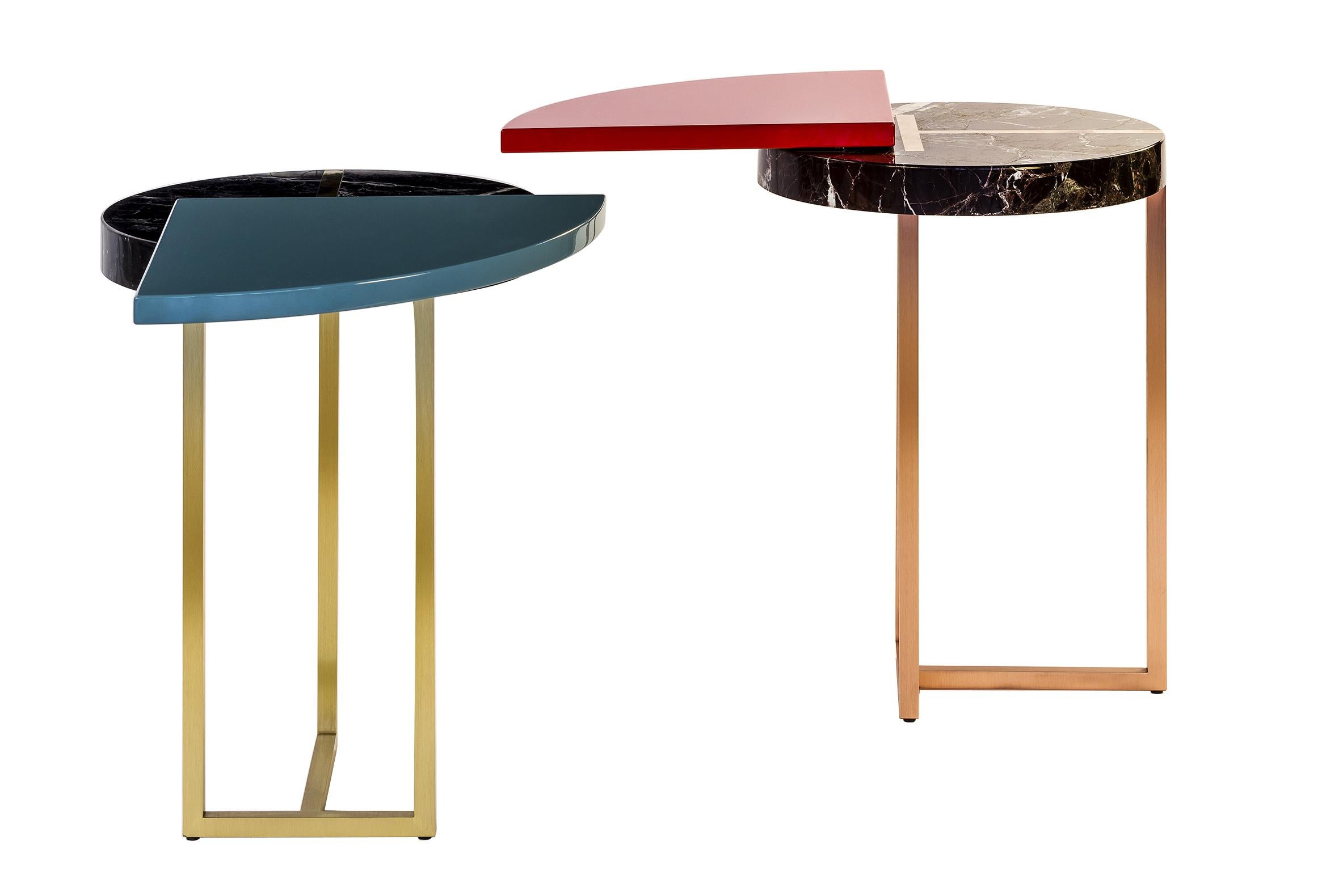 Hand-Crafted Blue Wing End Table in Lacquer Wood, Black Marquinia Marble and Brass For Sale