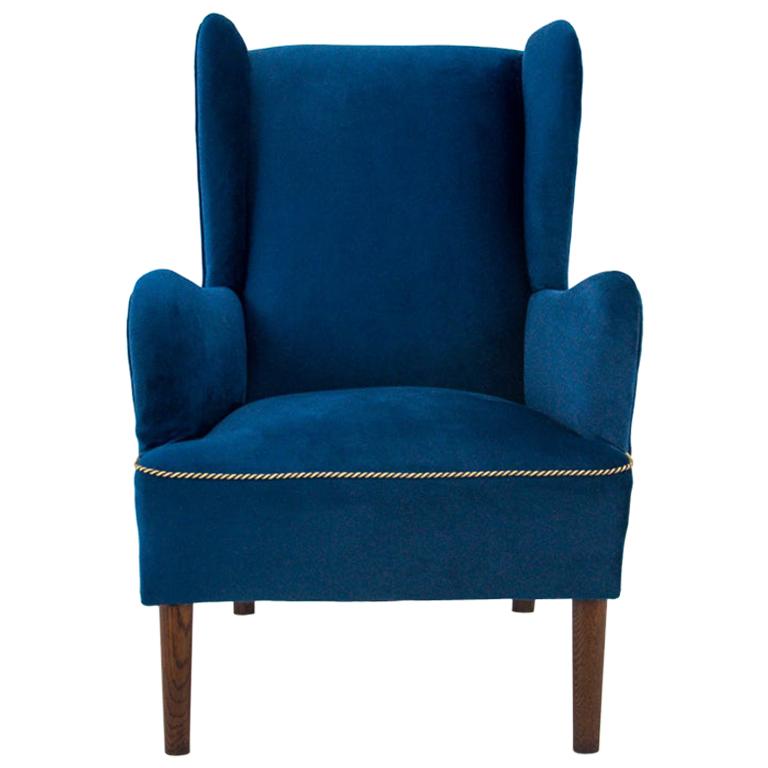 Blue Wingback Chair, Scandinavia, 1950s