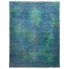 Blue with Touch of Green Overdyed and Worn Down Persian Tabriz Hand Knotted Rug
