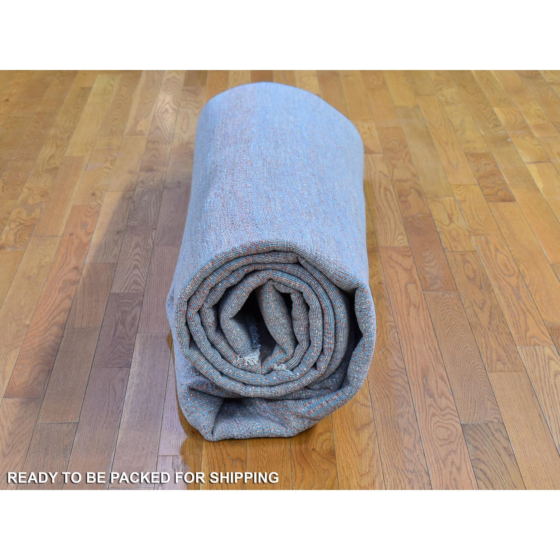 Tapis noué à la main, bleu avec touches de gazon pêche, 10'x14'2