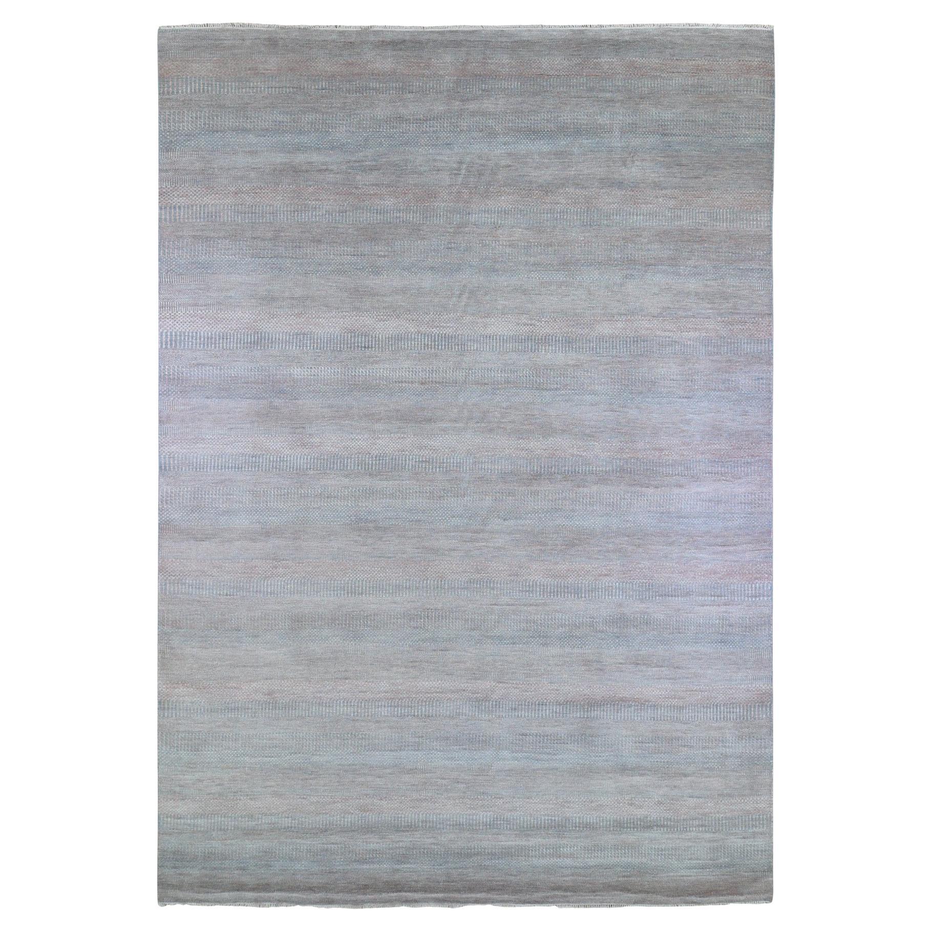 Tapis noué à la main, bleu avec touches de gazon pêche, 10'x14'2" en vente