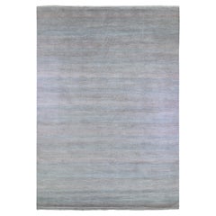 Blue with Touches of Peach Grass Design Wool and Silk Hand Knotted Rug 10'x14'2"