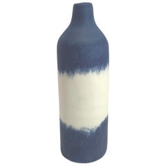 Blue with White Band Design Hand Made Thin Vase, Italy, Contemporary