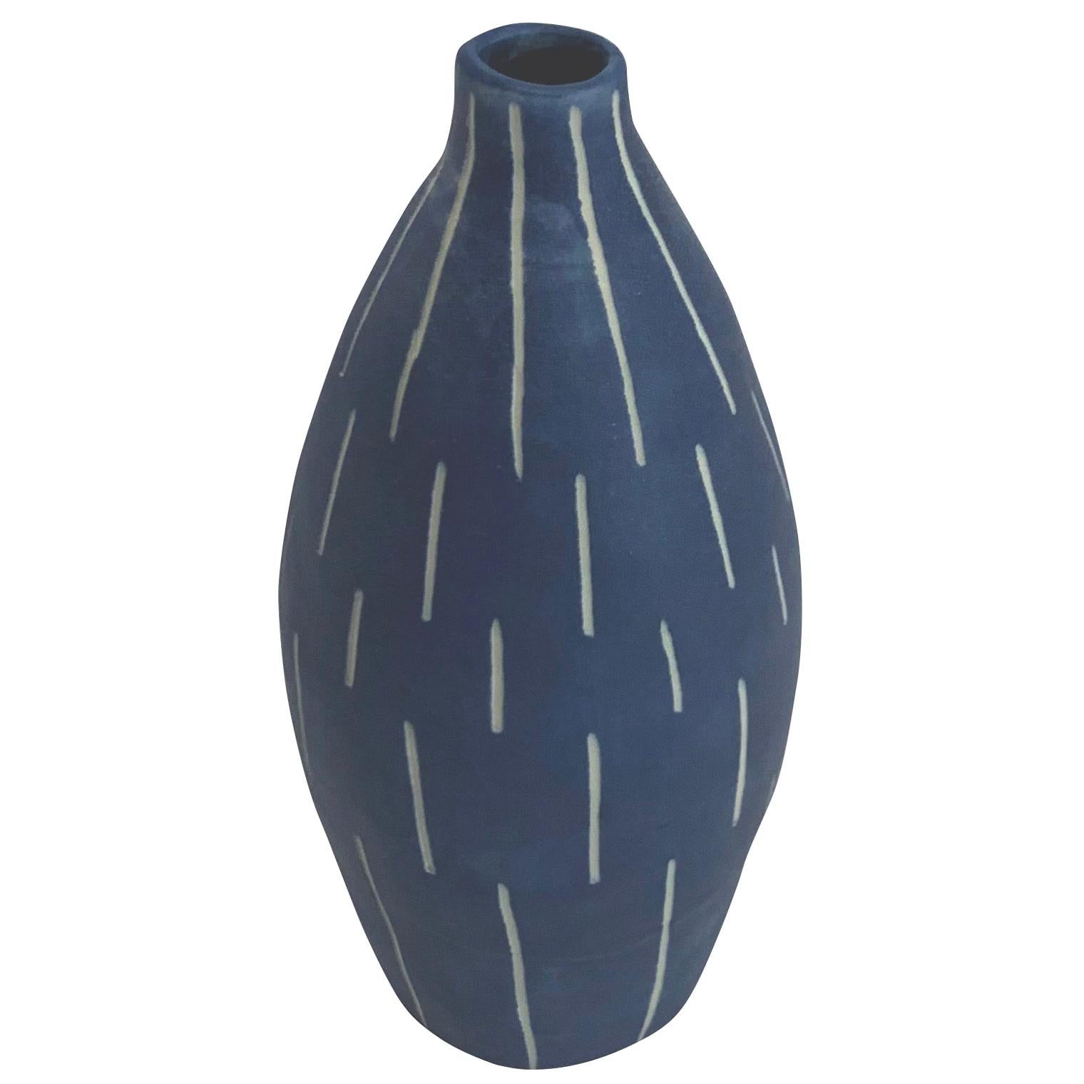 Blue with White Dashes Design Hand Made Vase, Italy, Contemporary