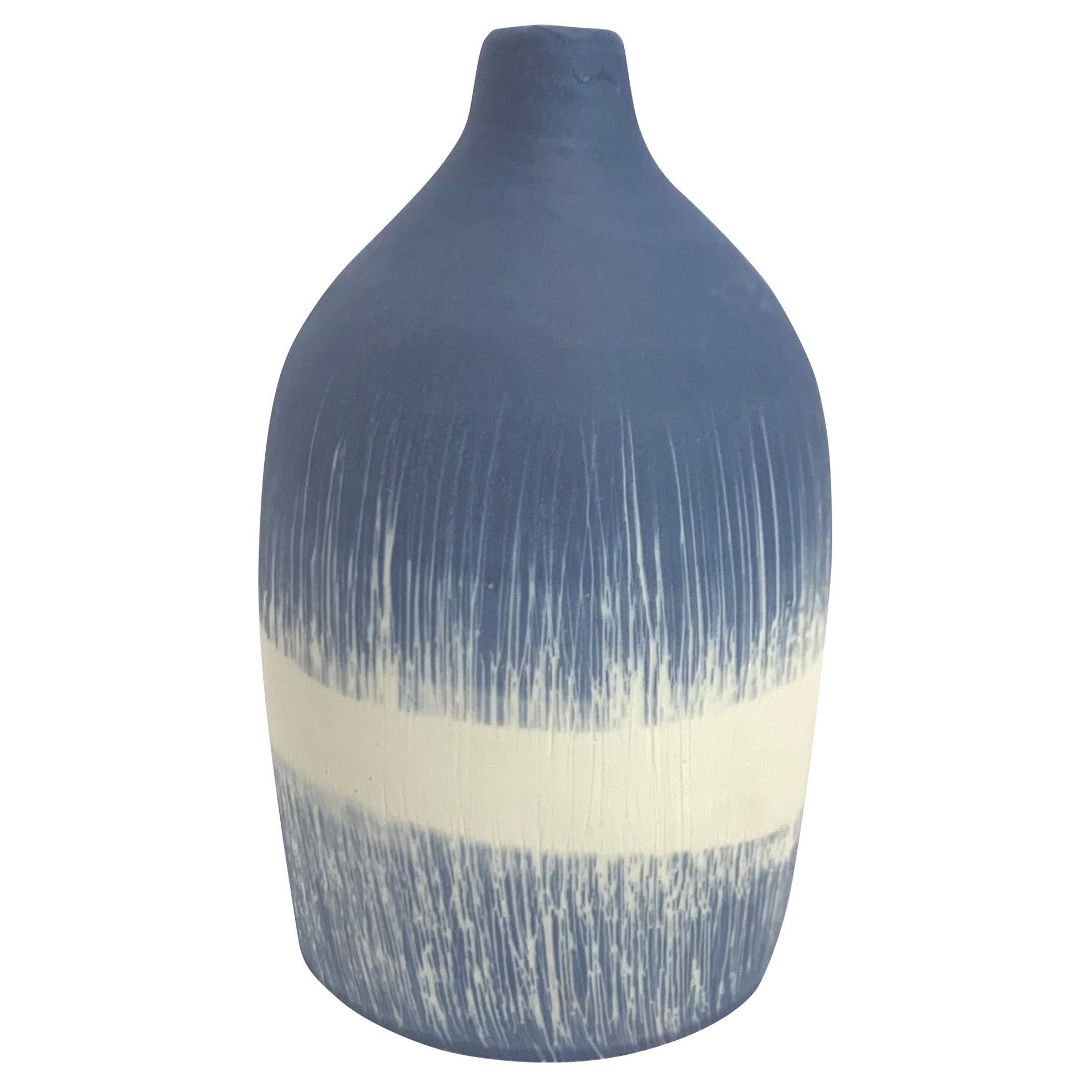 Blue with White Grass Blades Design Hand Made Vase, Italy, Contemporary