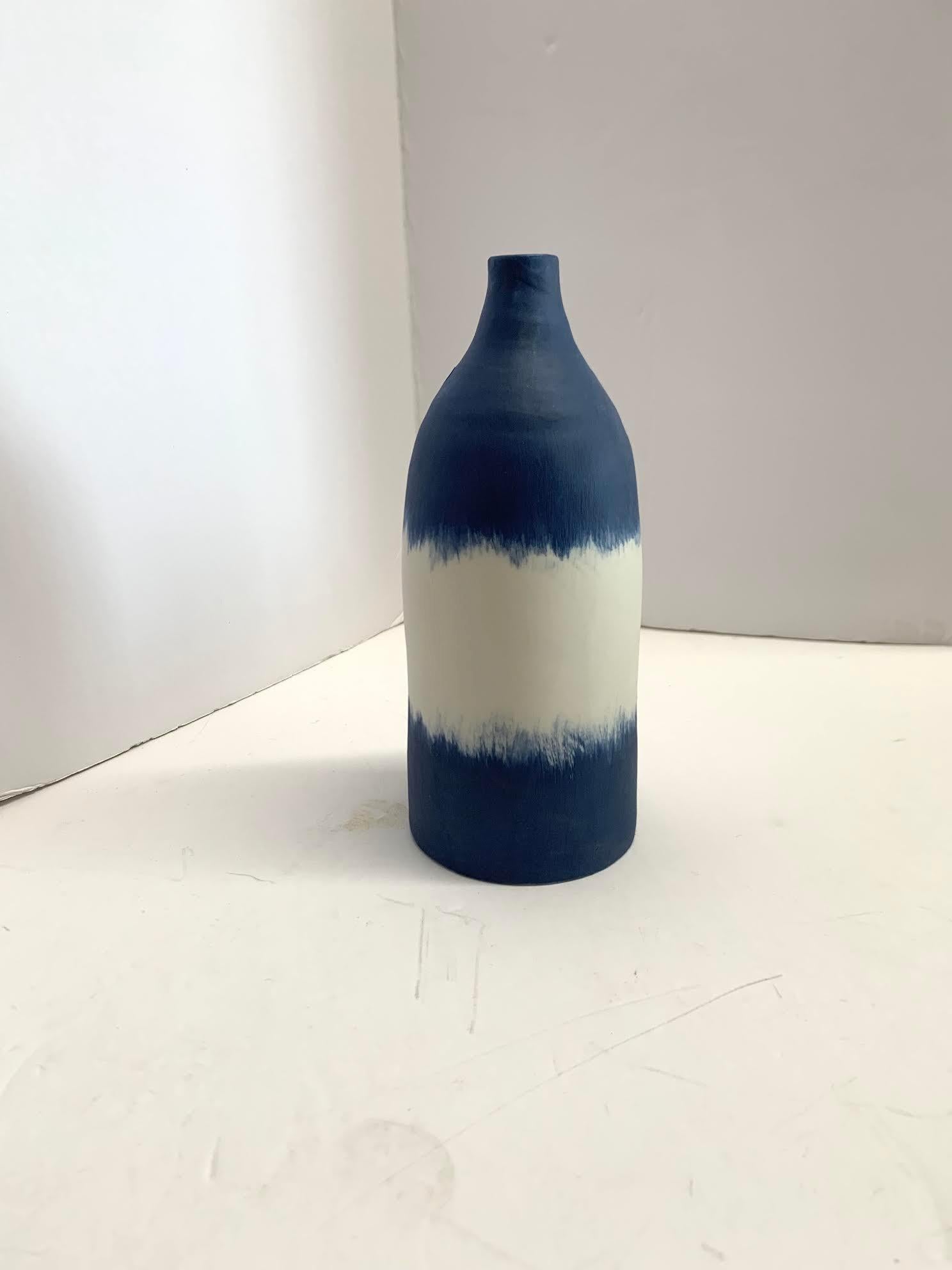 Italian Blue with Wide White Band Small Hand Made Vase, Italy, Contemporary 