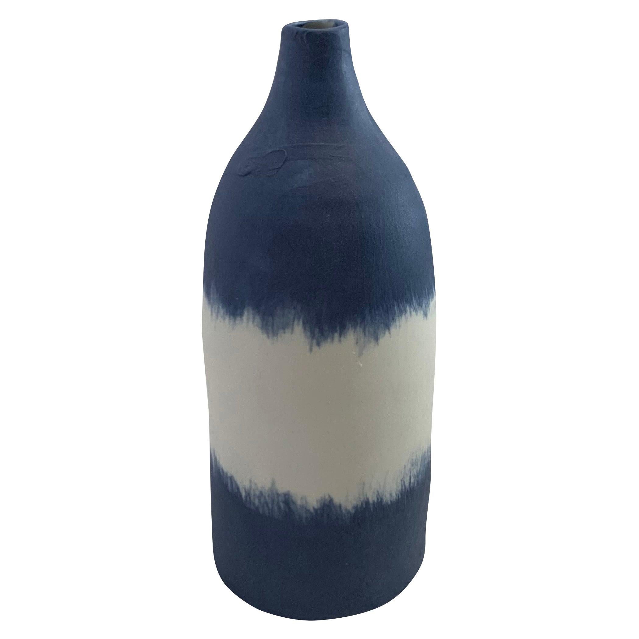 Blue with Wide White Band Small Hand Made Vase, Italy, Contemporary 