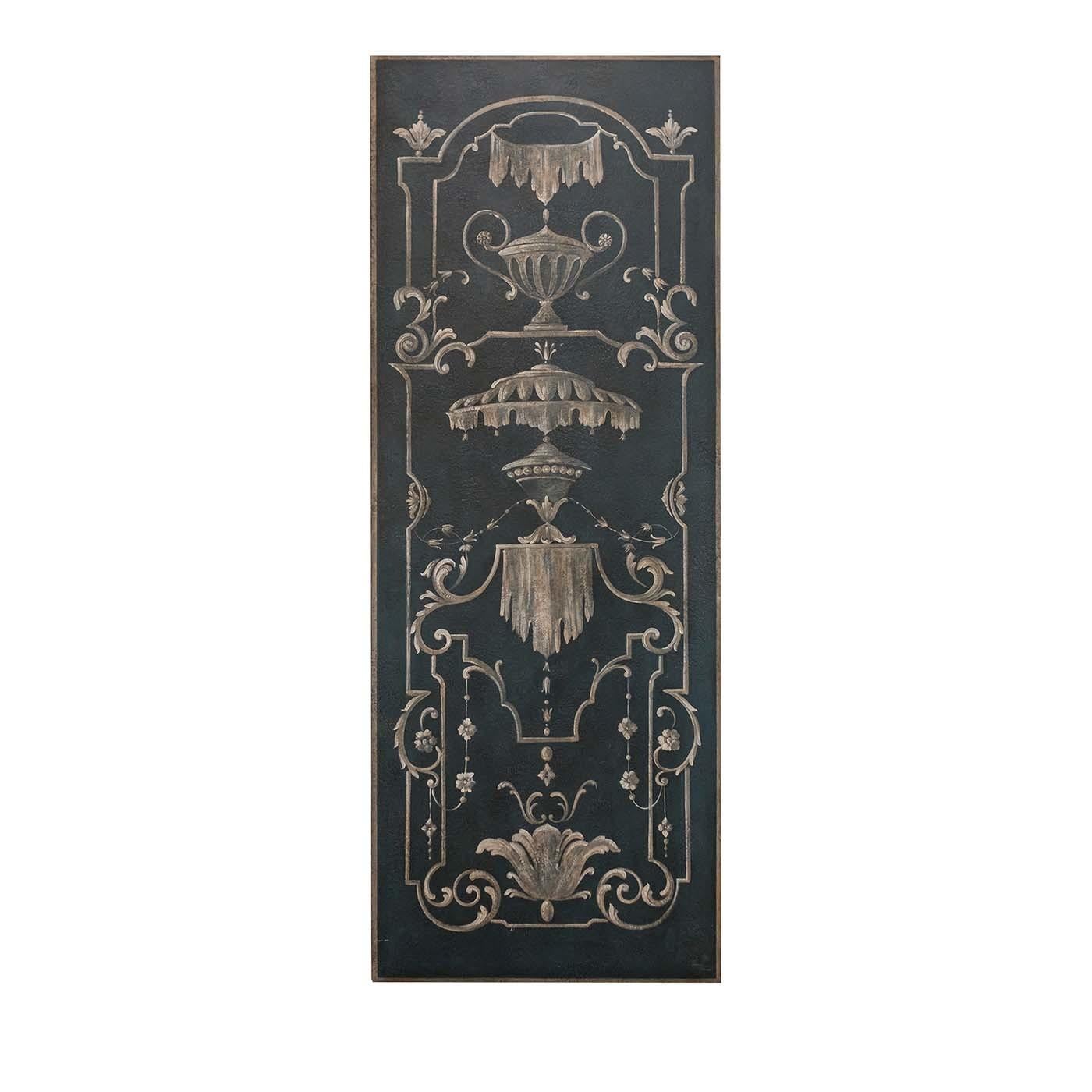 Italian Blue Wood Panel with Hand-Painted Decorations