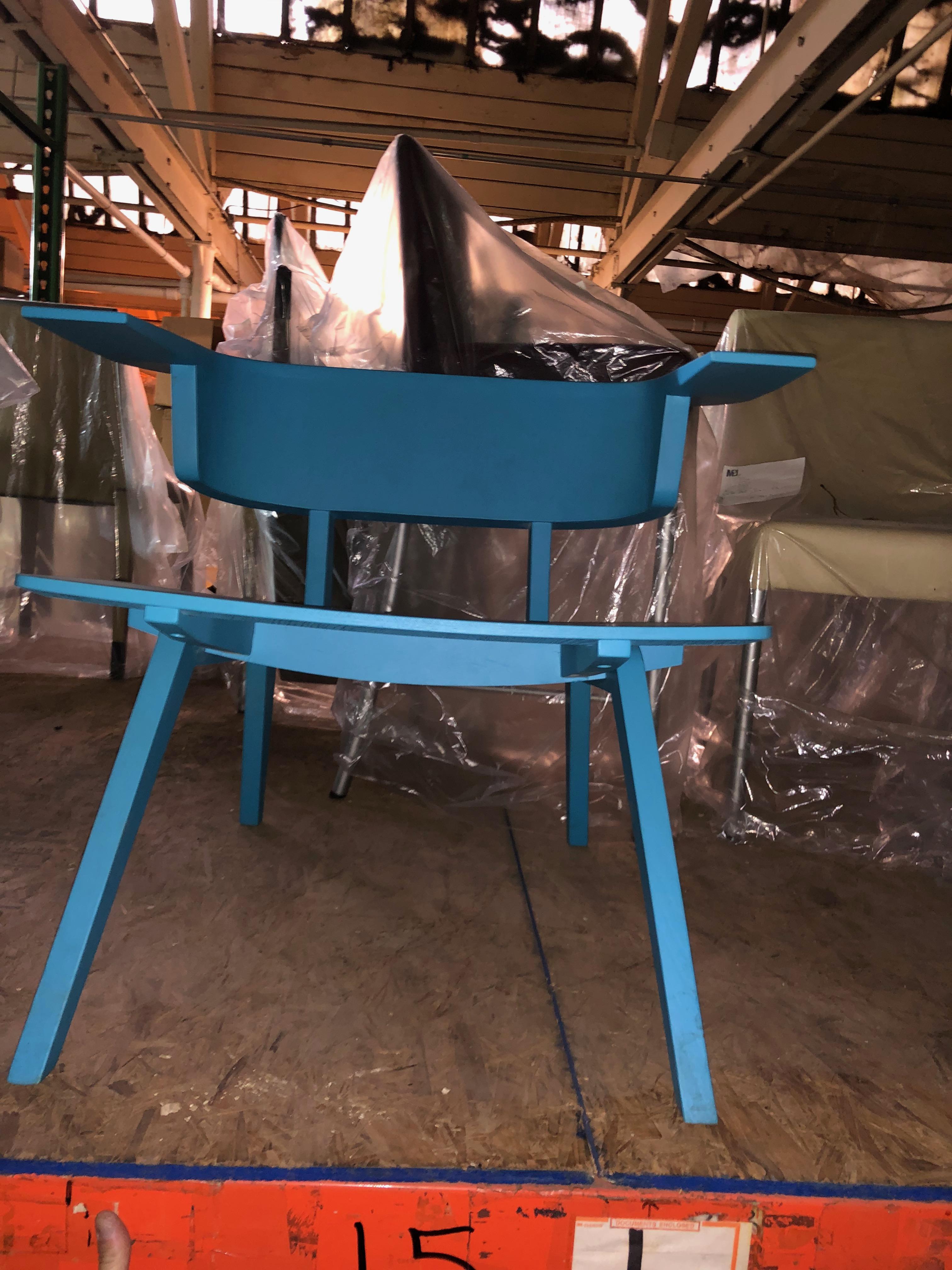 European Arco Blue Wood Sculptural Fly Armchair