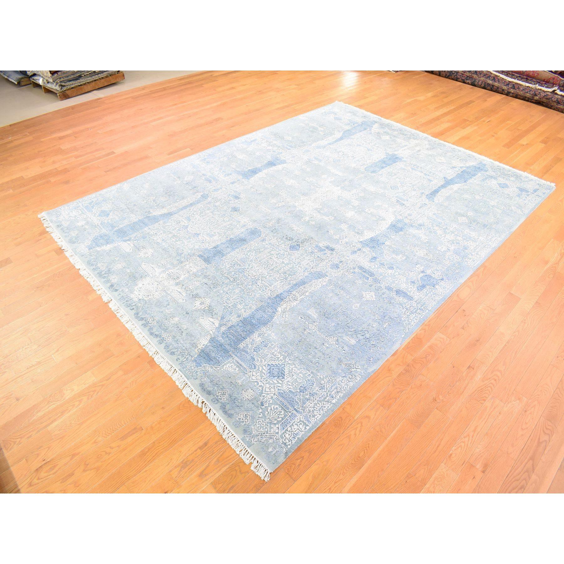 Medieval Blue Wool and Pure Silk Hand Knotted Jewellery Design Oriental Rug 9'0
